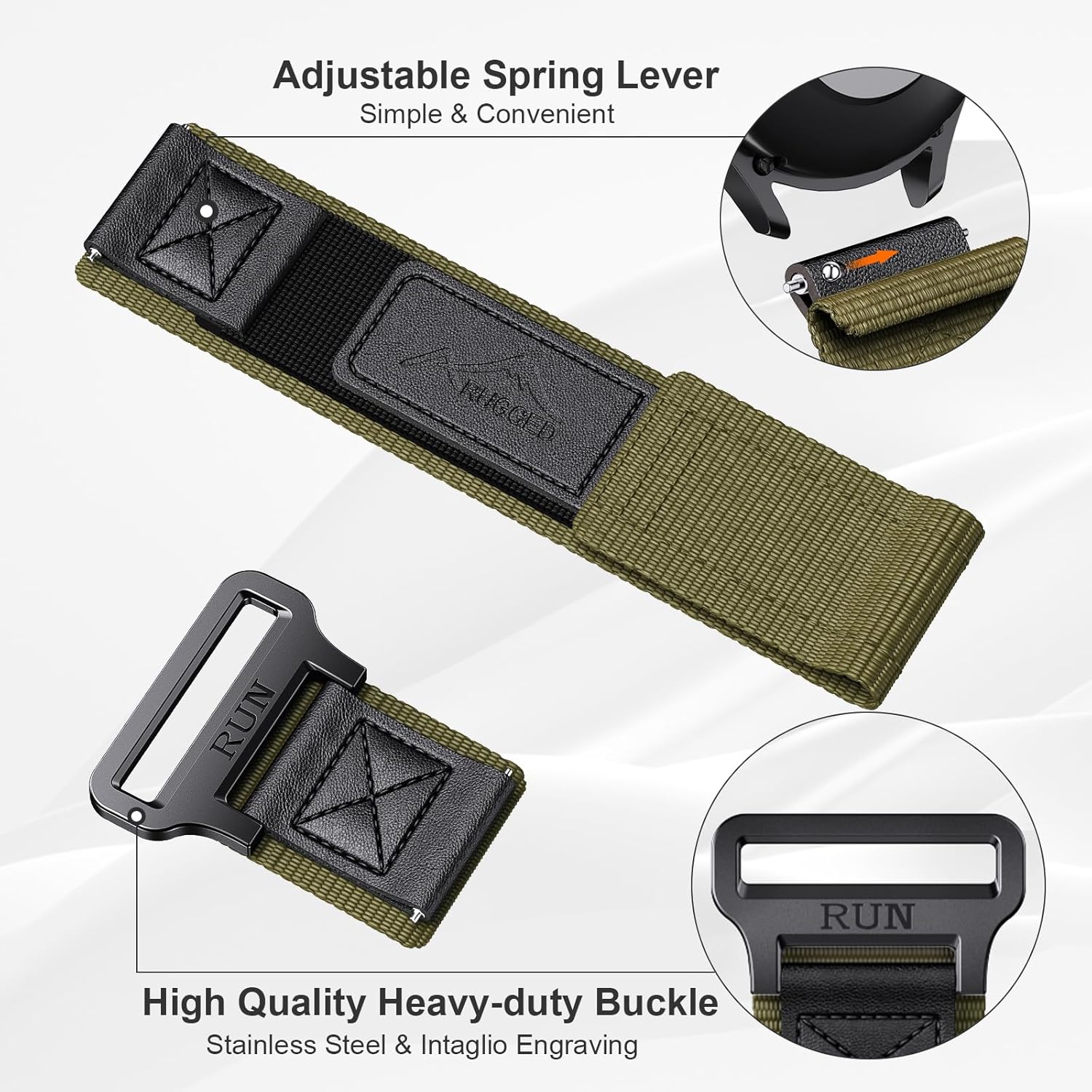 ANCOOL for Garmin Vivoactive 5/3/Forerunner 55/165/245 Watch Bands, 20mm Nylon Watch Band for Venu Sq/Venu 2 Plus/Sq 2 Bands for Galaxy Watch 7/6/5/4/FE 40mm 44mm, Black/Green - Image 3