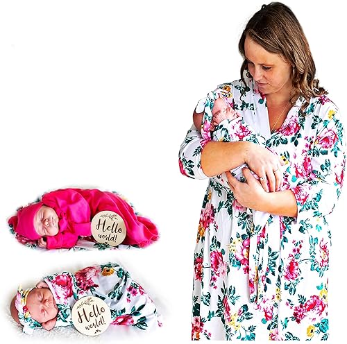 RNOONY Mommy and Me Robe and Swaddle Set, Maternity Robe for Hospital-Delivery, Mom and Baby Matching Outfits Hospital