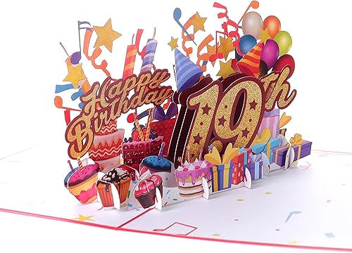 Miniatura 3 de iGifts And Cards Tarjeta desplegable 3D de feliz cumpleaños 19 – Diseño rojo con números de purpurina, globos, pasteles y regalos – Regalo único