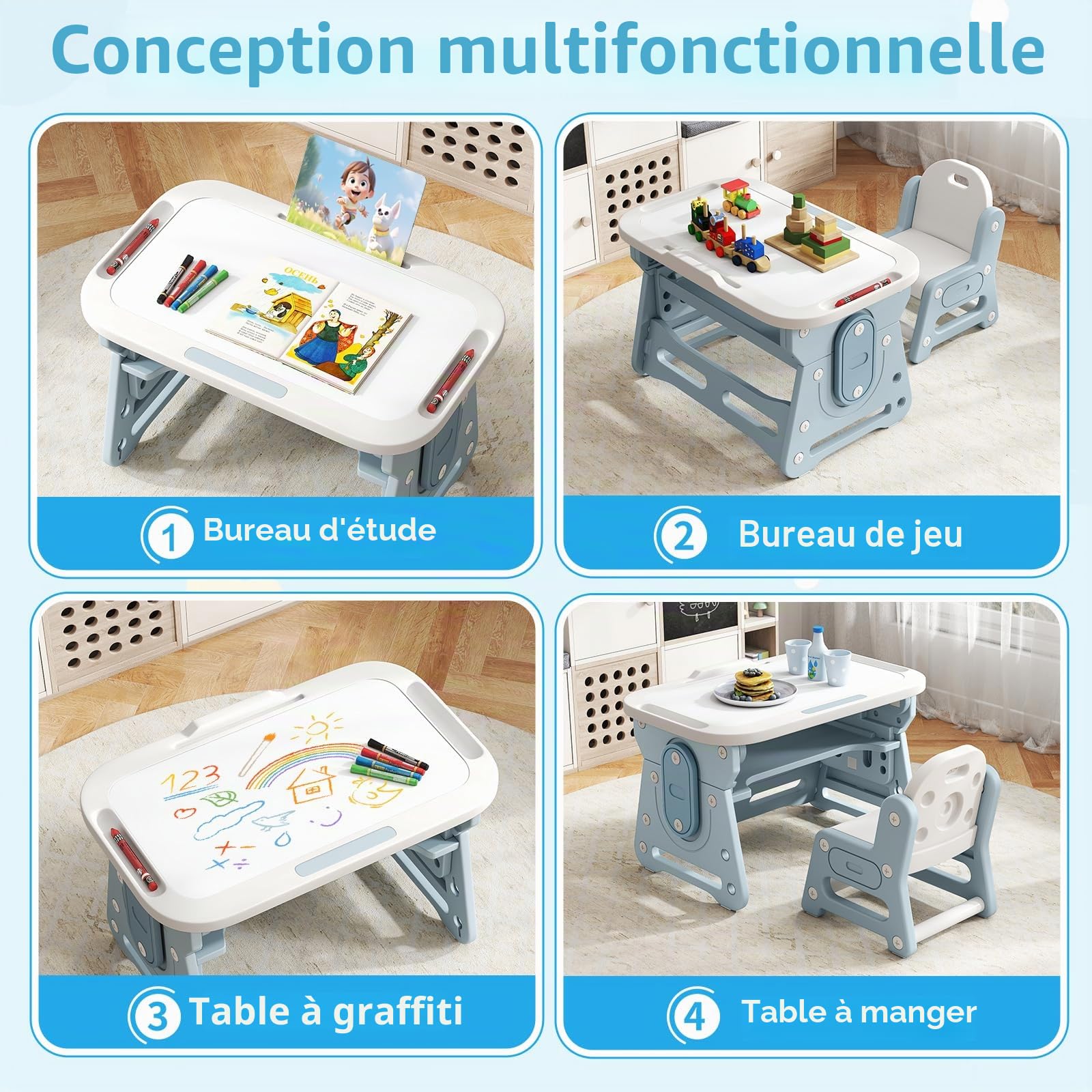 LIFEZEAL 4 en 1 Ensemble Table et Chaises pour Enfants, Table à Dessin avec Tableau Blanc Magnétique et Chaise Ergonomique, Bureau Réglable et Inclinable avec Pieds Antidérapants pour 3+ Ans (Bleu)