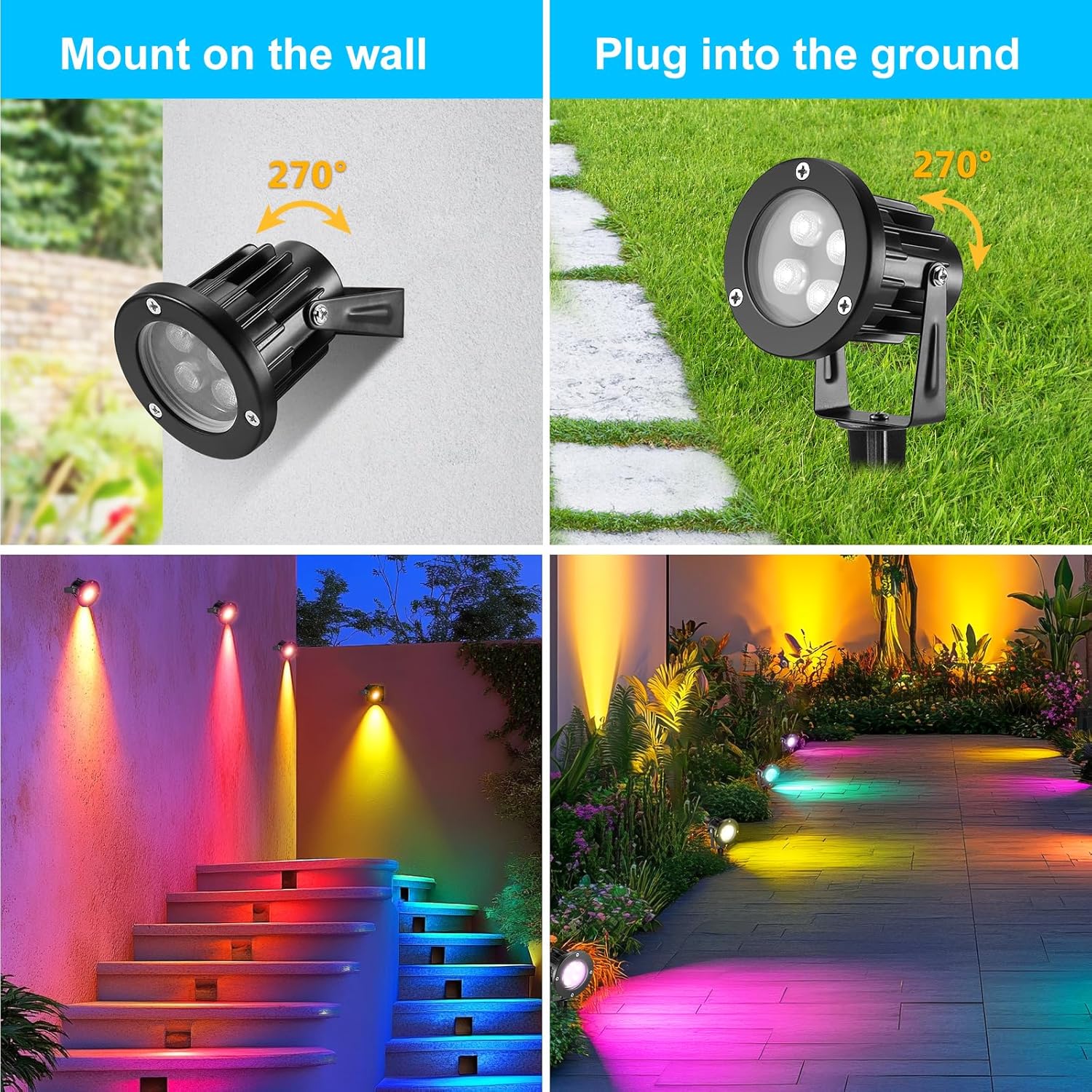 OurLeeme Lawn Flood Light Stake, RGB Spot Lights,8W Outdoor LED Flood Light Waterproof Garden Yard Lights with Remote Control,2-in 1 Landscaping Spotlights for Patio,Pathway, Driveway 85-265V (4 Pcs)
