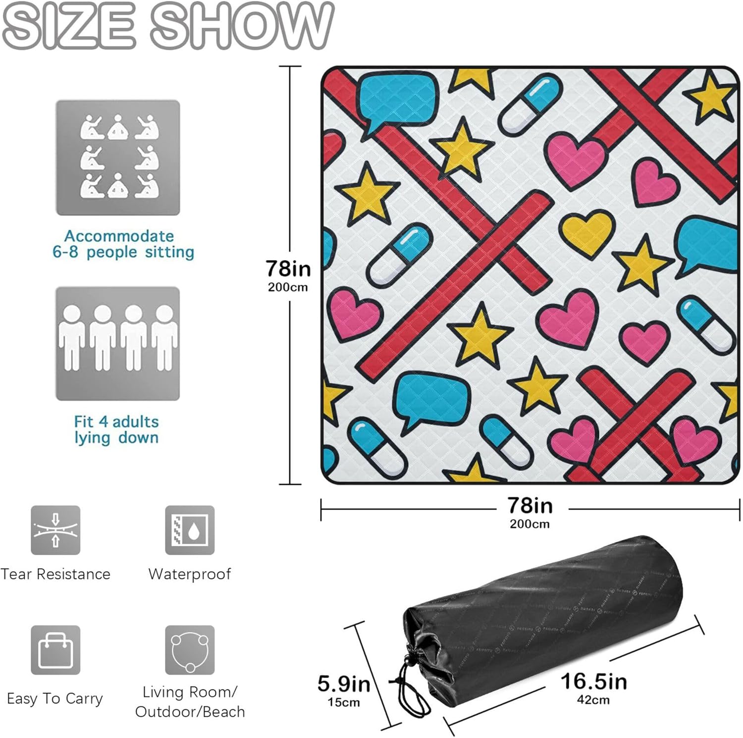 Yuiboo Standard_Popart Waterproof Picnic Table XXL Camping Party Big Picnic Blanket for Ground Picnic Items estera para Playa