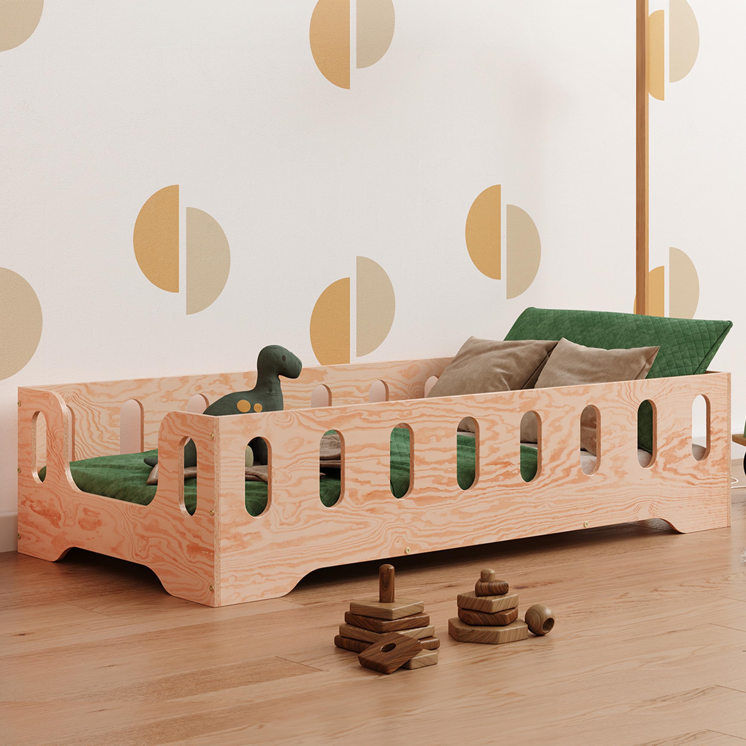 smartwood Toddler Bed 70x140 cm - Montessori Floor Bed in Natural Wood FSC-Certified with Safety Rail & Slatted Base - Supports up to 230 kg - for Boys and Girls - TILA 2B