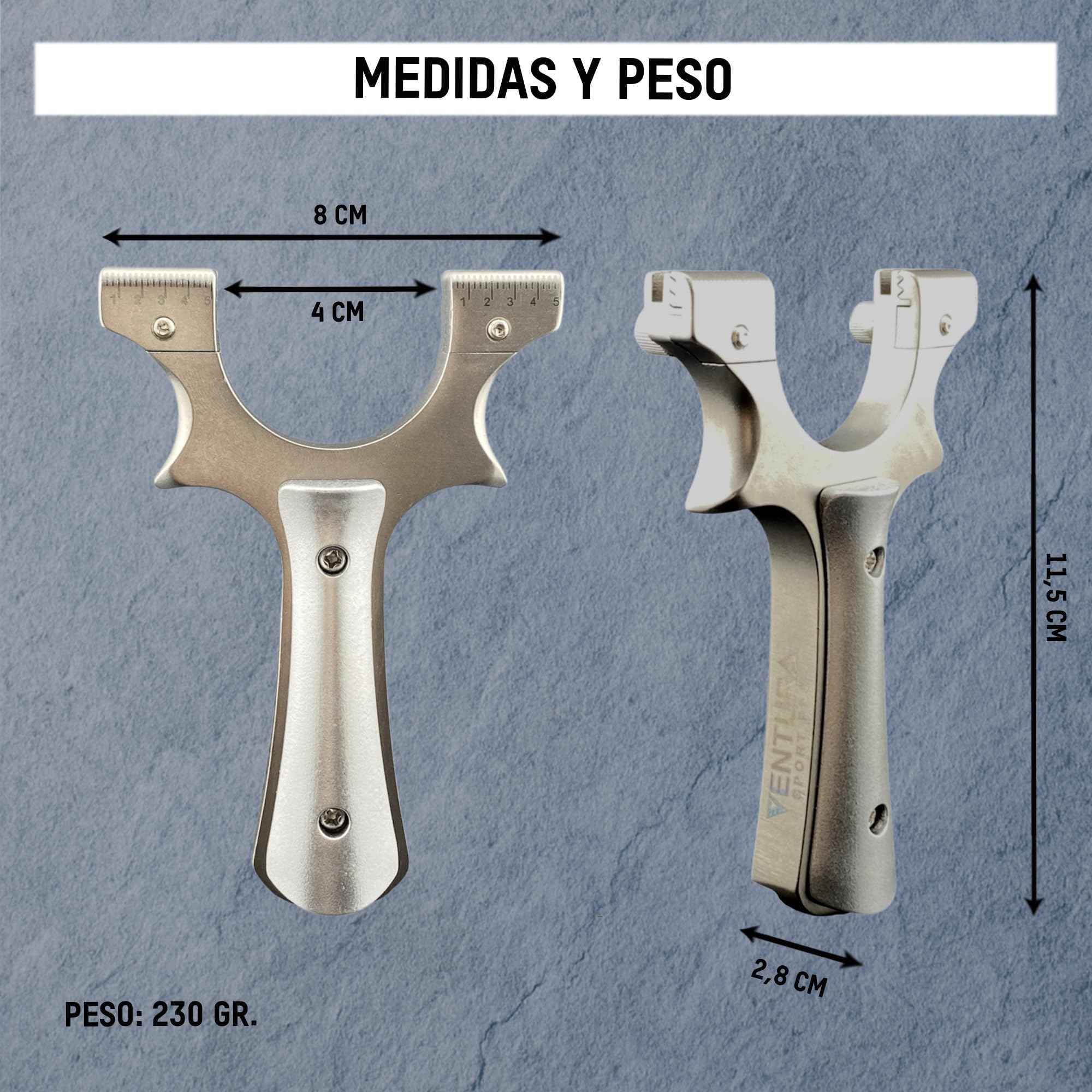 VENTURA SPORT PRO Tirachinas Clásico de Acero Inoxidable + 100 Gramos Munición de Arcilla 9 mm - 3