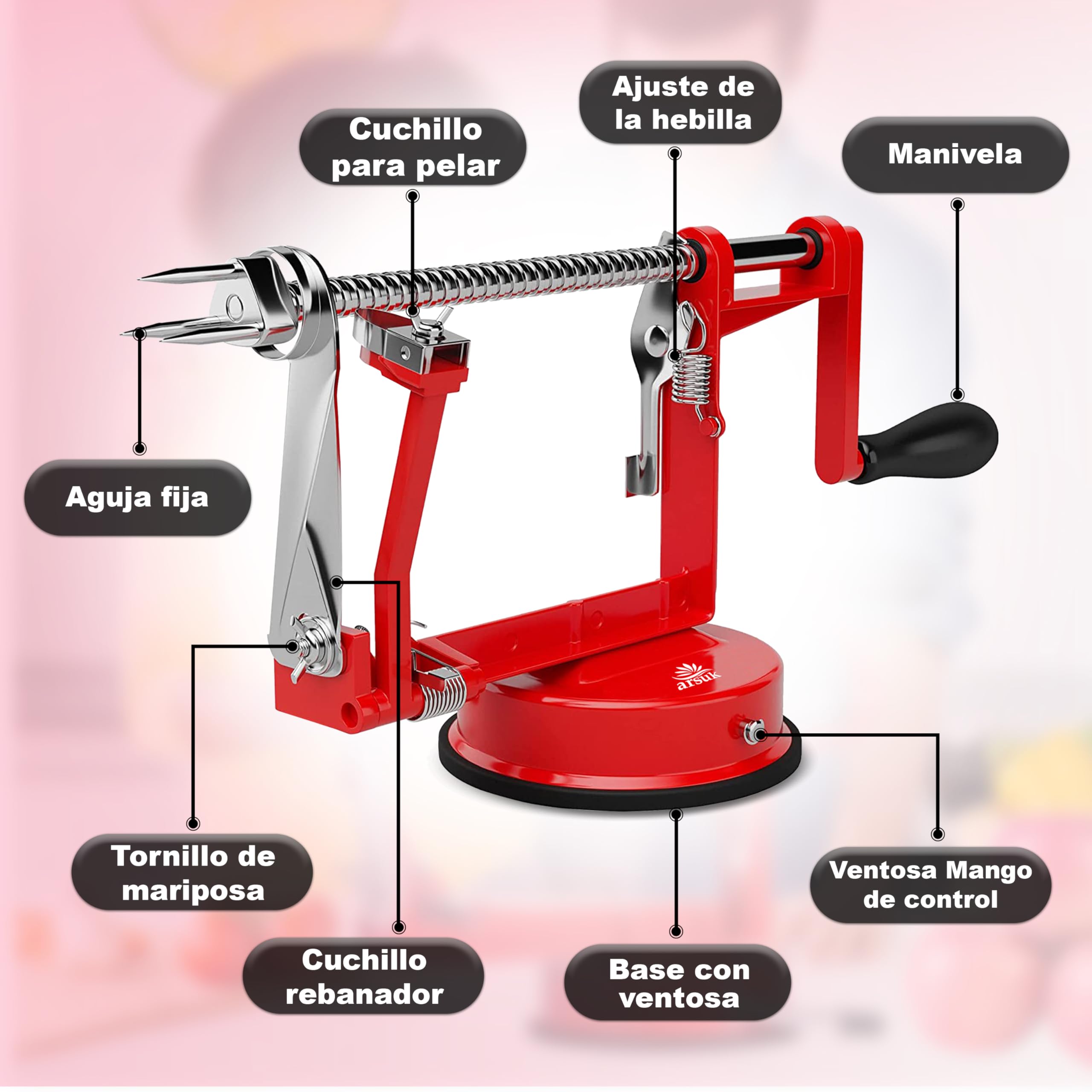 ARSUK 3 en 1 Pelador de Manzanas Manual con Cuchillas de Repuesto, Acero Inoxidable Ajustable