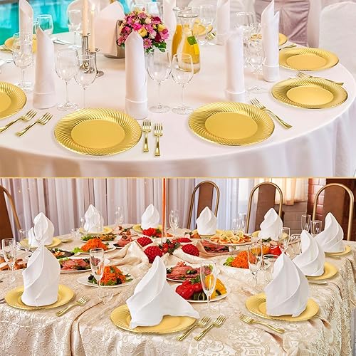 Miniatura 7 de Tioncy Juego de 200 platos de postre de plástico dorado con mini tenedores para 100 invitados, incluye 100 platos desechables de 7 pulgadas, 100