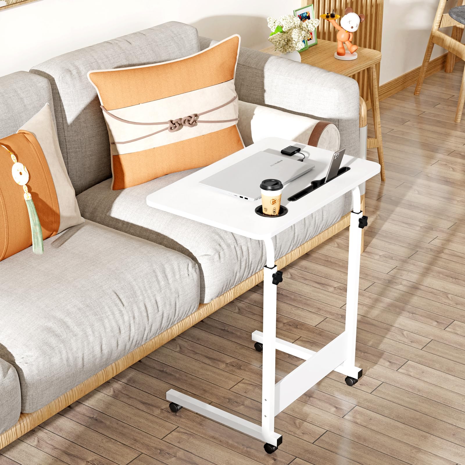 60x40cm Tavolo rotante per divano letto con slot per tappetino e portabicchieri, scrivania mobile regolabile in altezza 62-85cm, 4 scrivanie rotolanti con serratura, tavolino per camera , bianco