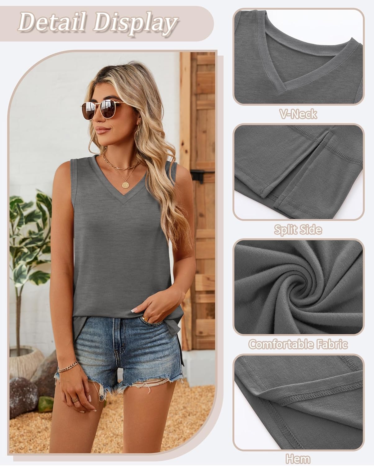 Riyiper 3 Pack Womens Tank Tops Sleeveless V Neck Casual Summer Side Slit Hem Basic Tee Shirt Loose Fit Trendy Outfits - Image 6