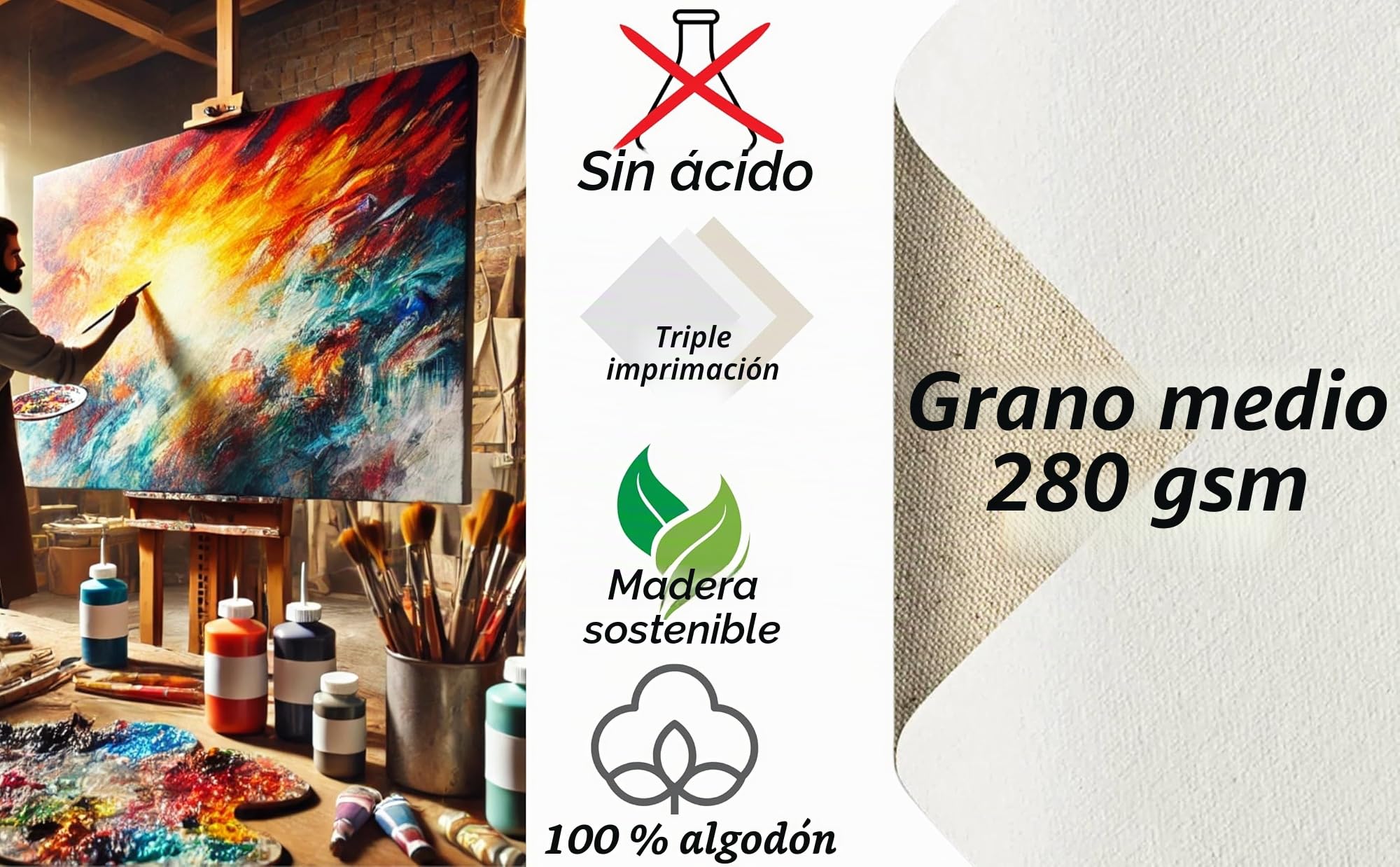 Artme Lienzos preestirados 8 piezas (24x30-2pz, 30x40-2pz, 40x50-2pz, 50x60 -pz) de artista / 280GSM 100% algodón/blanco/triple imprimado/sin ácido/grano medio / 1.7cm Acrílico/Aceite