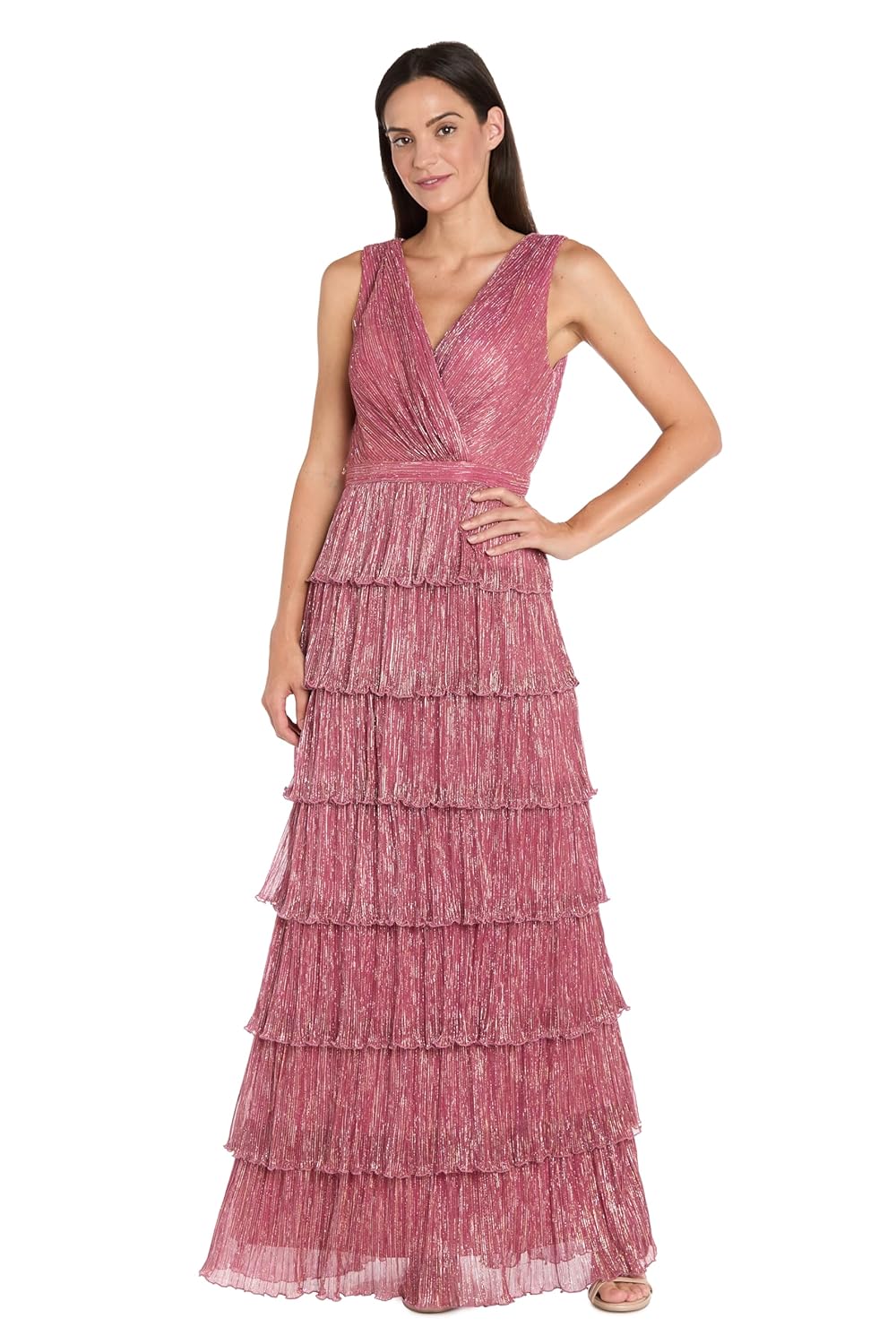 R&M Richards Women's Sleeveless Tiered Maxi Dress | Crinkle Pleated Shimmer Mesh Gown | Formal Evening Cocktail