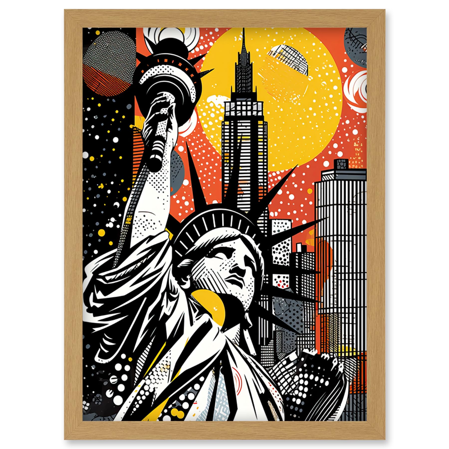 Artery8 New York Collage Halftone Pop Art Comic Book Statue of Liberty Skyscraper Abstract Artwork Framed Wall Art Print A4