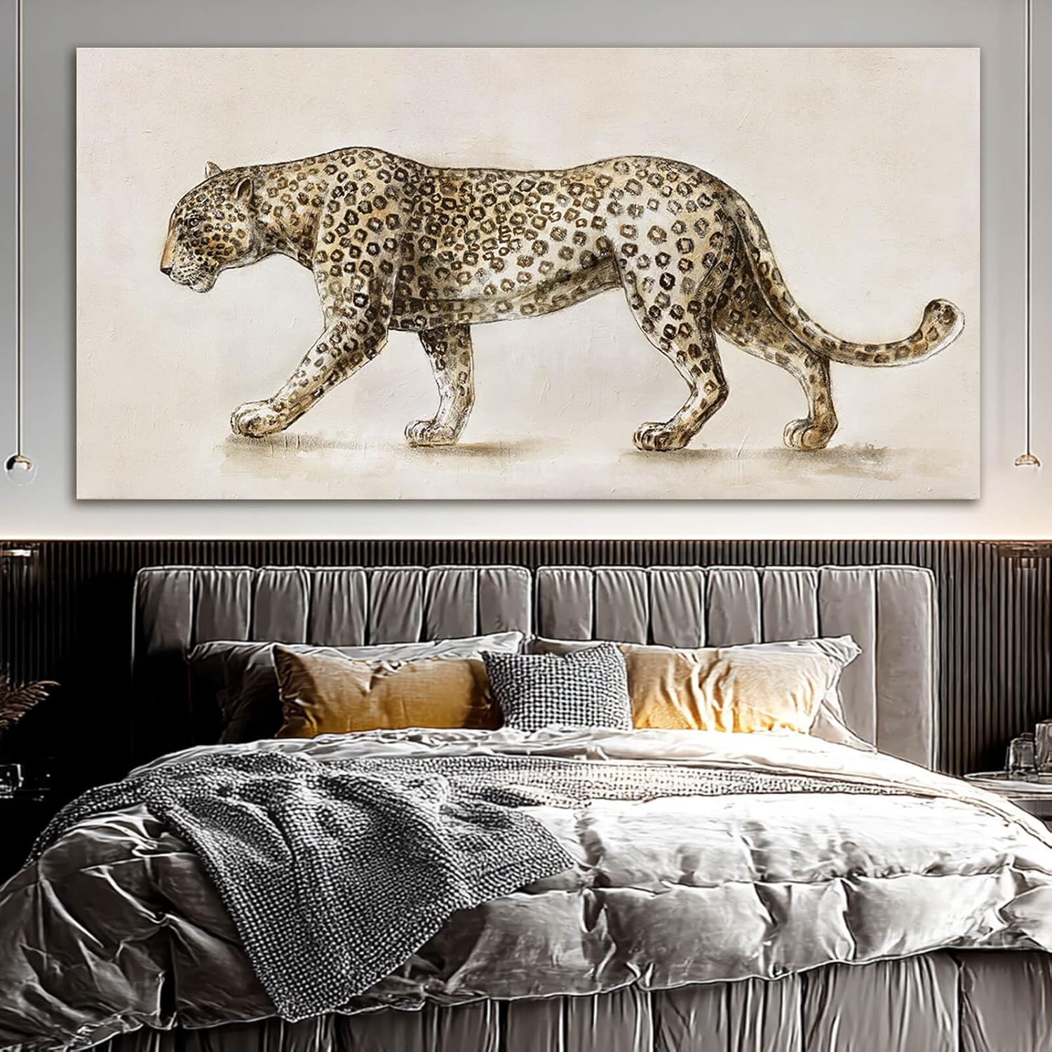 YETHEN WAL Safari Leopard Canvas Wall Art Gray Jungle Animal Canvas Art Neutral Tones Wall Decor for Living Room Bedroom Office Decor 29x58 Inch