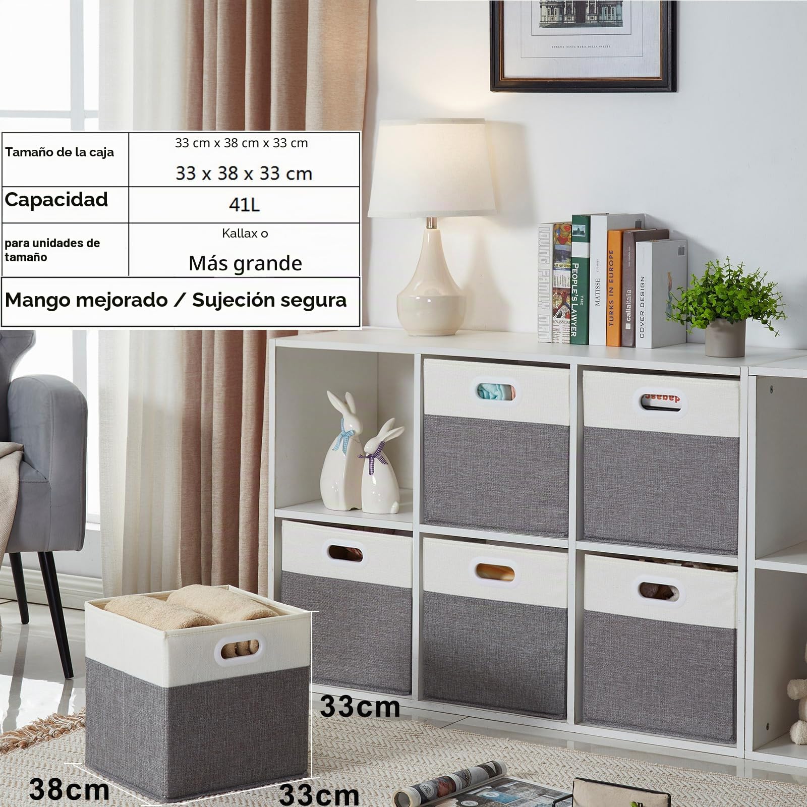 Mangata Cajas de almacenamiento de 33 x 38 x 33 cm, cestas de almacenamiento de tela para cubos de ropa, cestas, cofres, juguetes (Blanco Gris, 4 piezas)