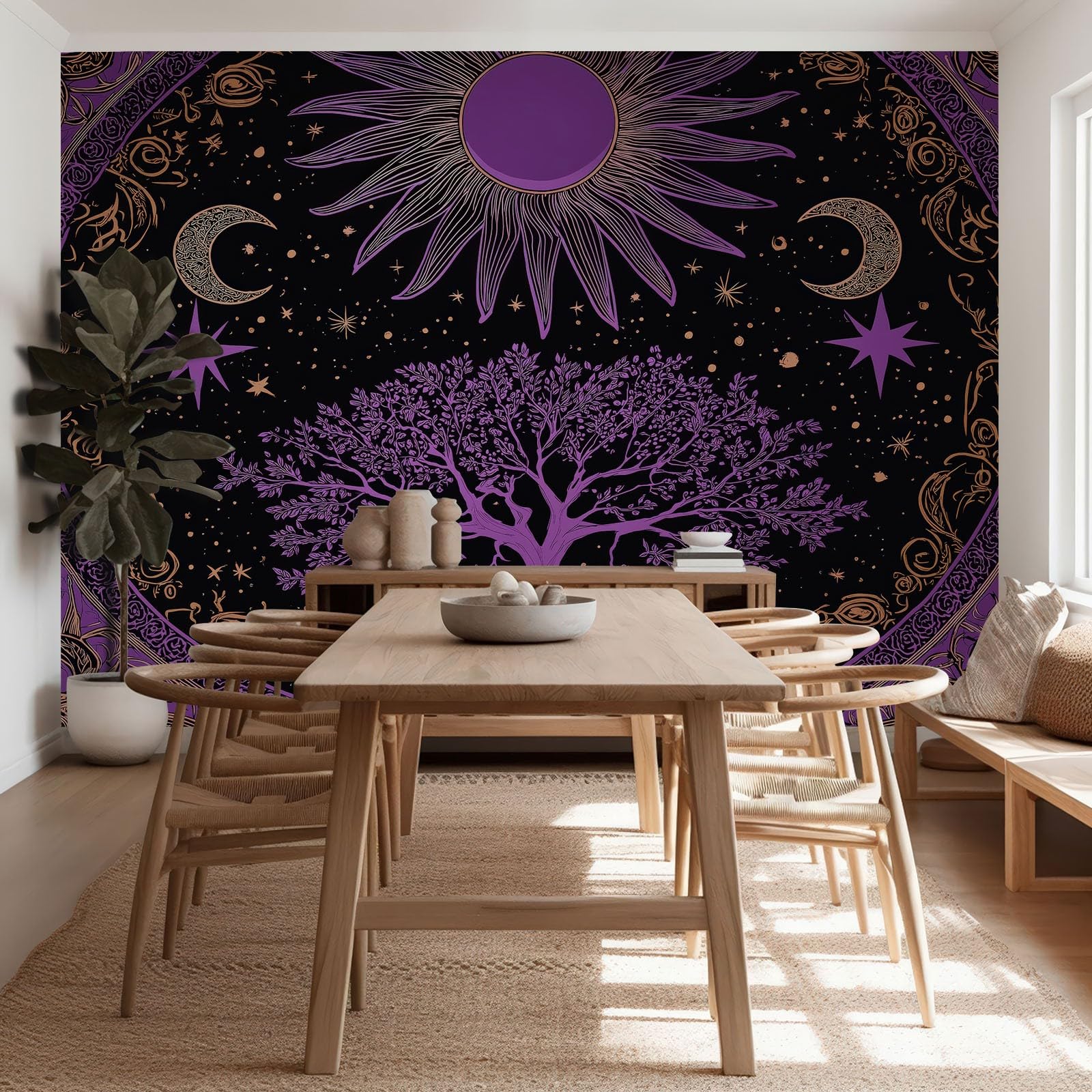 Fantasy tapeta efekt 3D 200 x 140 cm, fototapeta fioletowy i czarny słońce księżyc drzewo życie fototapety tapeta ścienna włóknina nowoczesna dekoracja ścienna salon sypialnia biuro salon