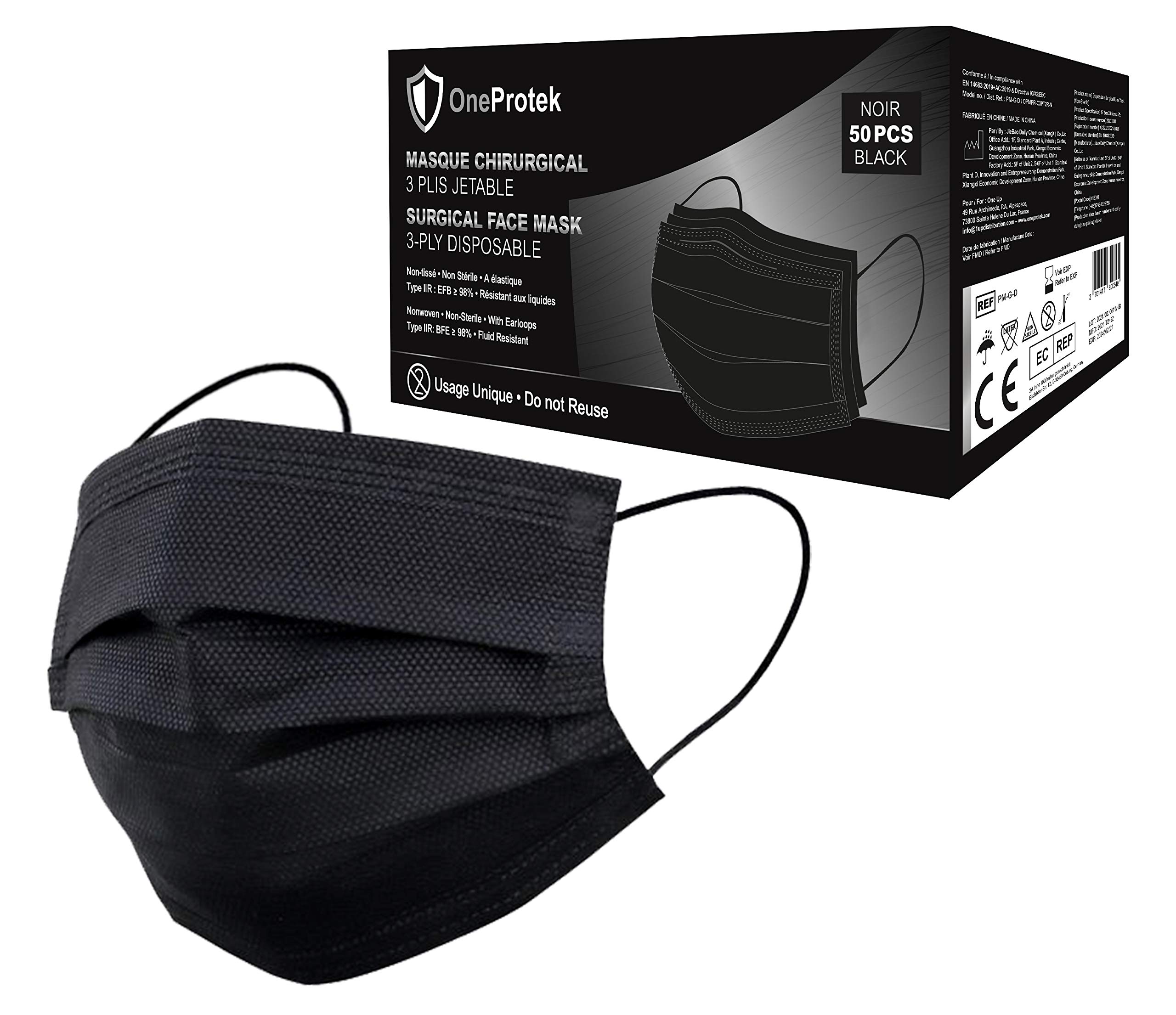 OneProtek CE Certified 50 Black Masks Medical Face Mask According to EN14683:2019 Type 2R IIR - BFE ≥ 98% - Comfortable and Highly Elastic
