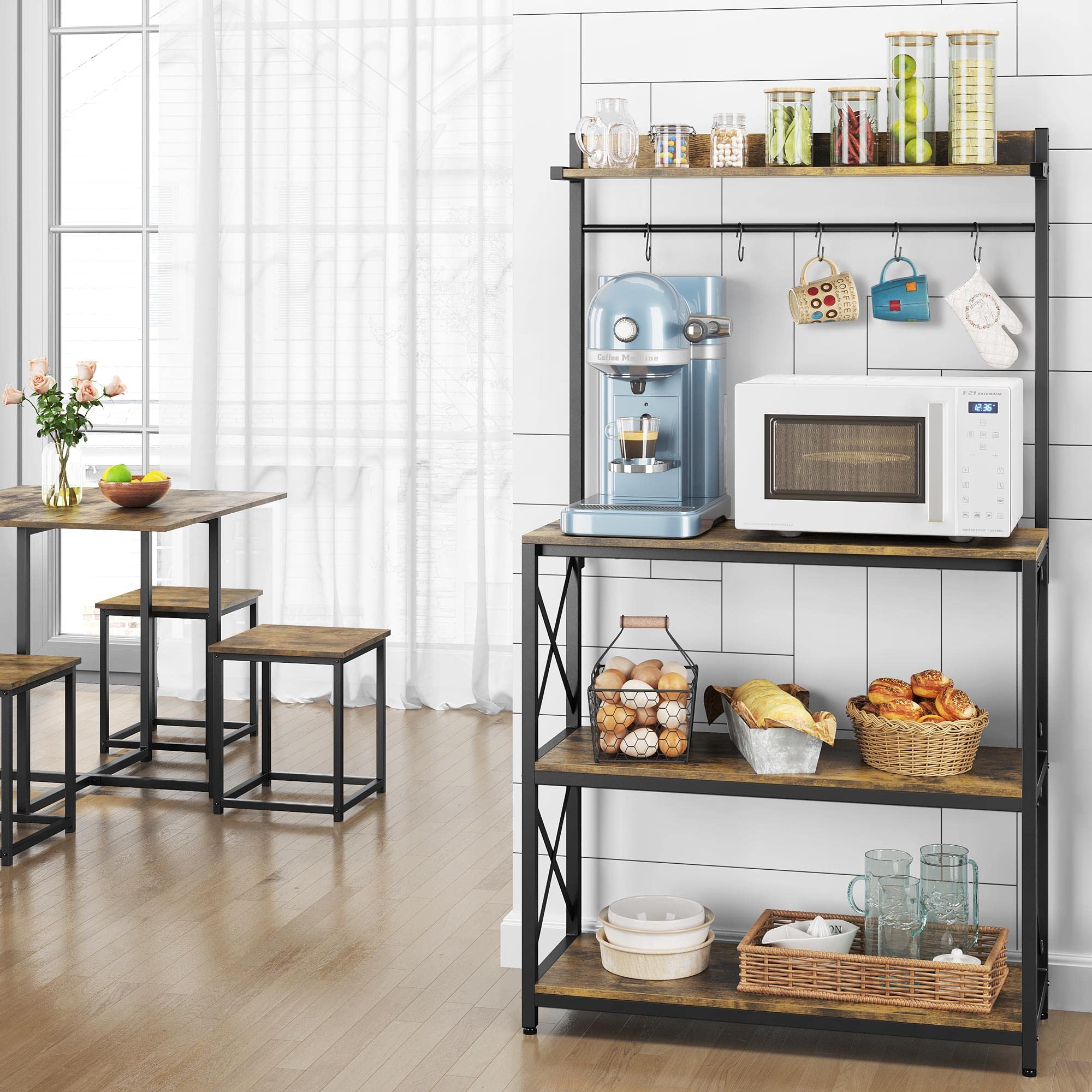 Yaheetech Étagère de Cuisine avec 4 Étagères et 5 Crochets Étagère pour Micro-Ondes Meuble Auxiliaire de Cuisine Étagère de Boulangerie Industrielle 92 x 34 x 160 cm