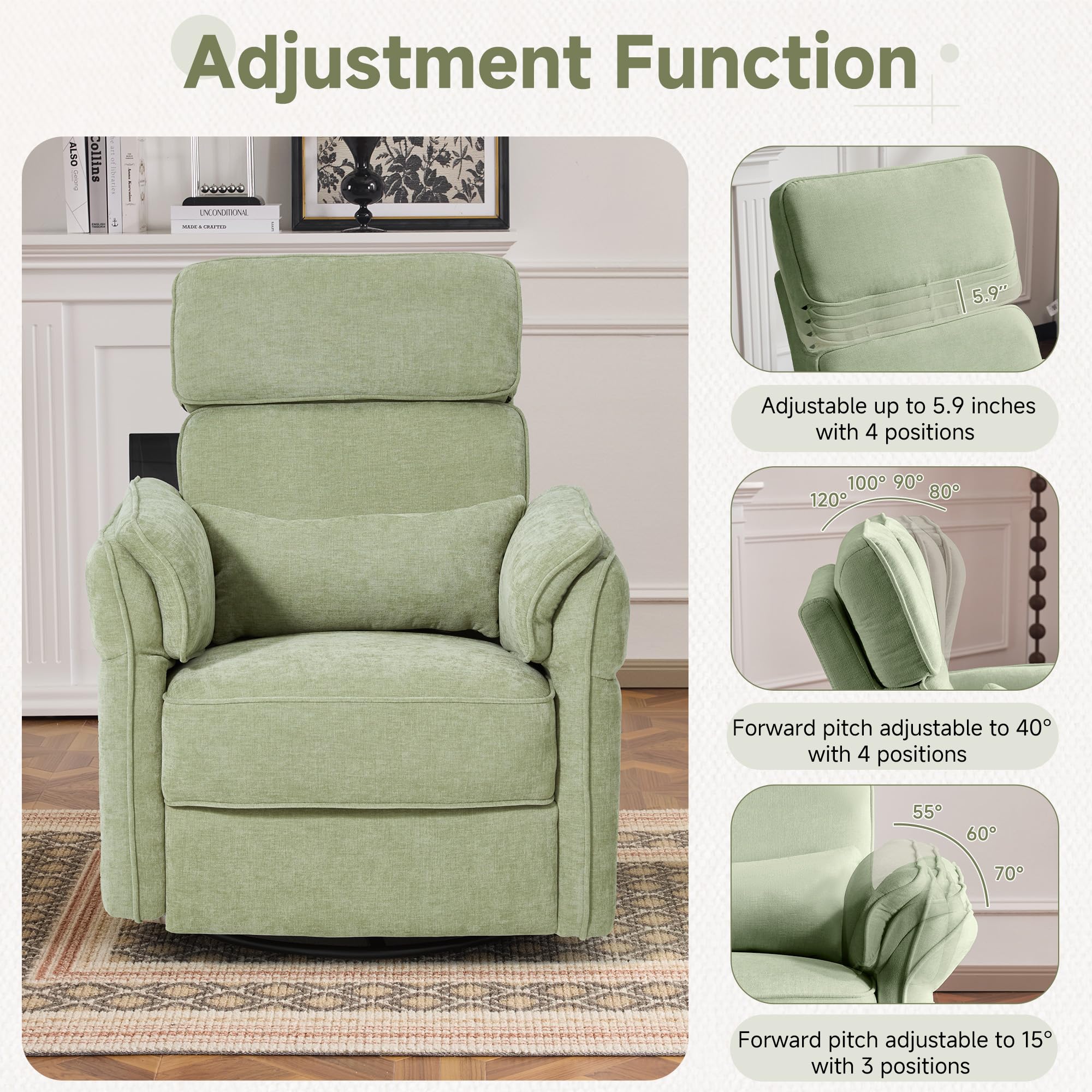MELLCOM Rocking Chair Nursery with Adjustable Armrests and Headrest, Power Swivel Reclining Chairs with USB Port and Storage Bags,Electric Glider Recliner Nursing Chair, FSC Certified (Fabric, Green)