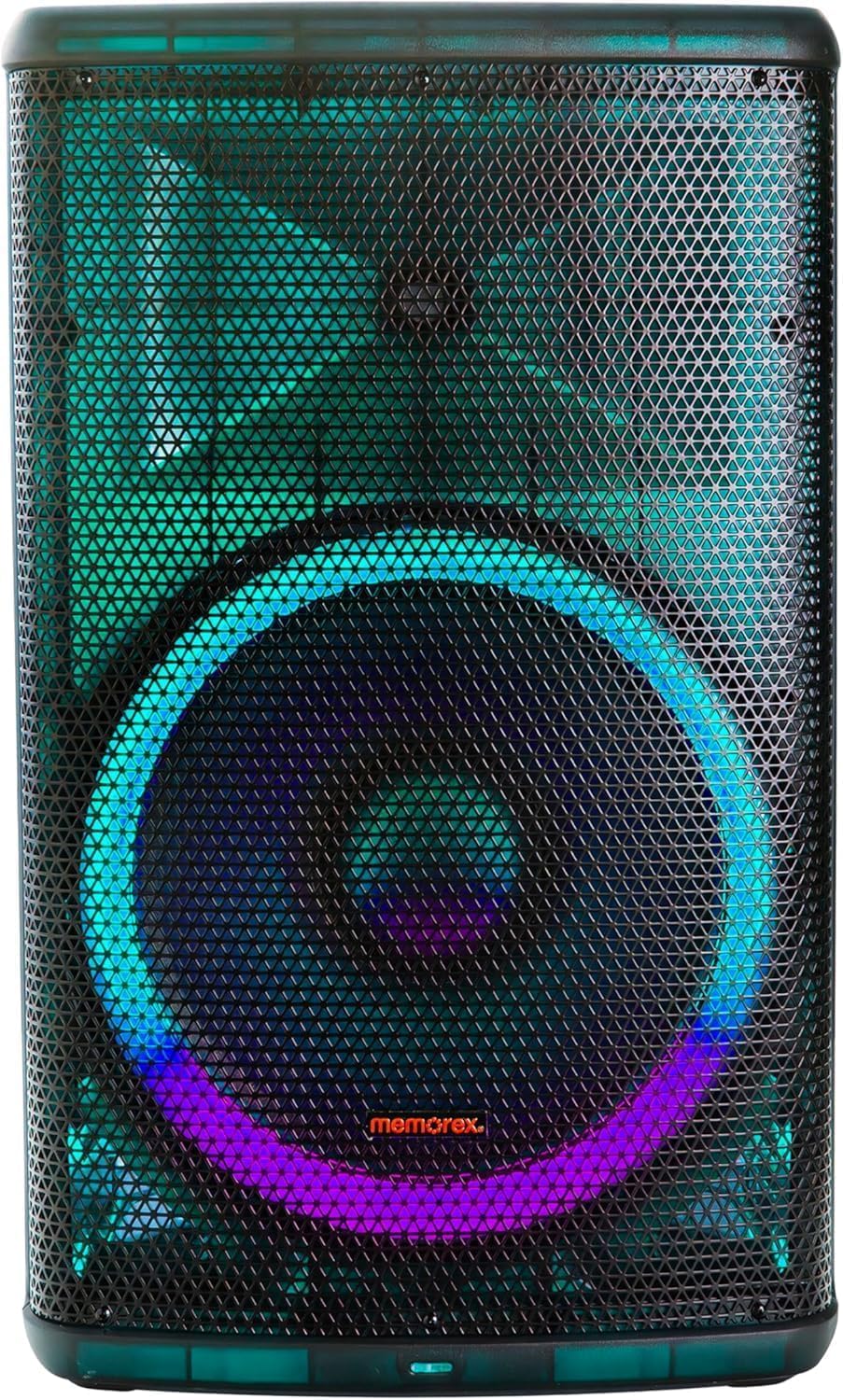 Memorex MX-PS1501 | 15-Inch PA Speaker with Translucent Cabinet | 1800W PMPO, Bluetooth 5.3, TWS Pairing | LED Lighting, 180W RMS Bi-Amp | Speaker Stand & Wired Microphone