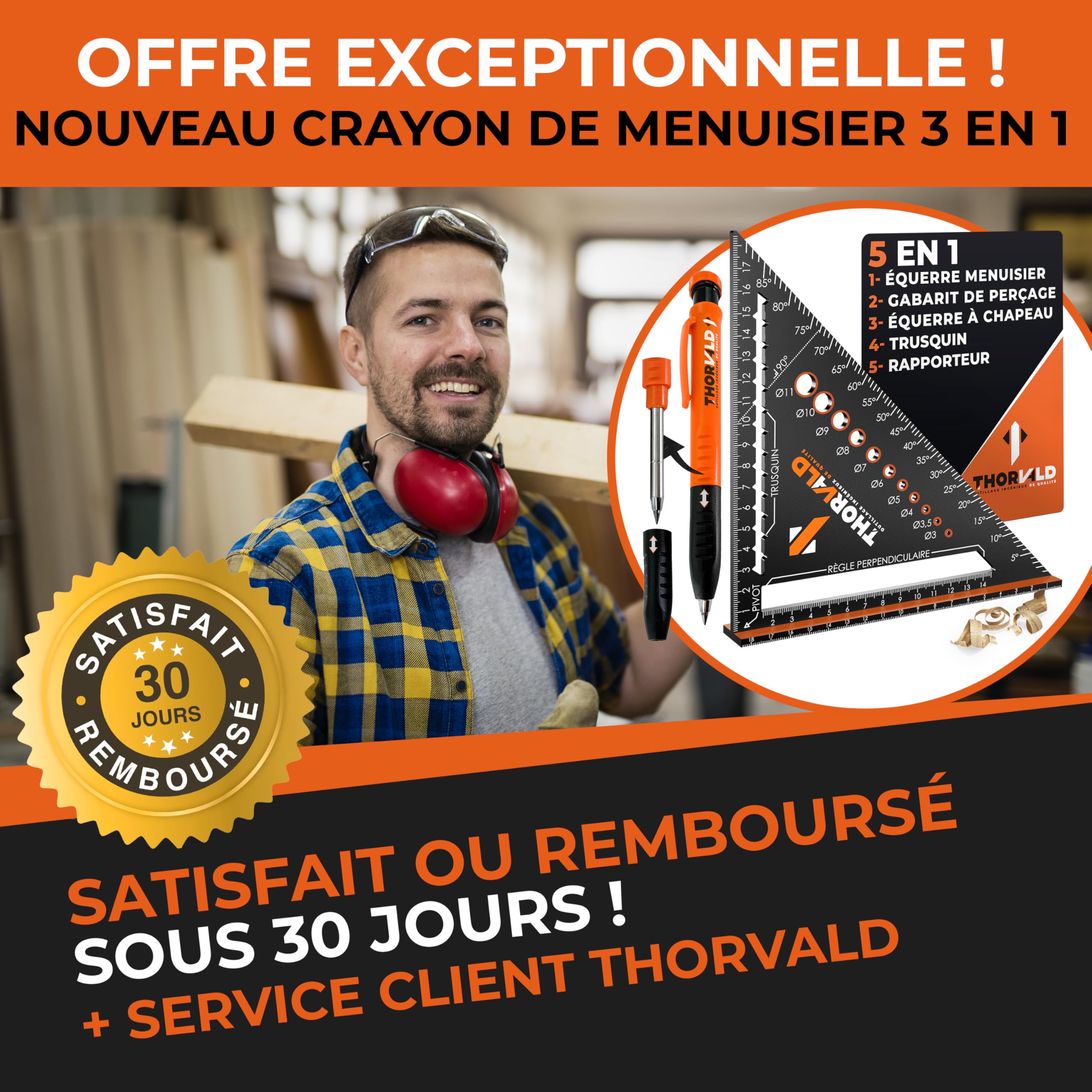 THORVALD 5 en 1 Equerre Menuisier 180 mm Aluminium Trusquin Rapporteur Gabarit de percage