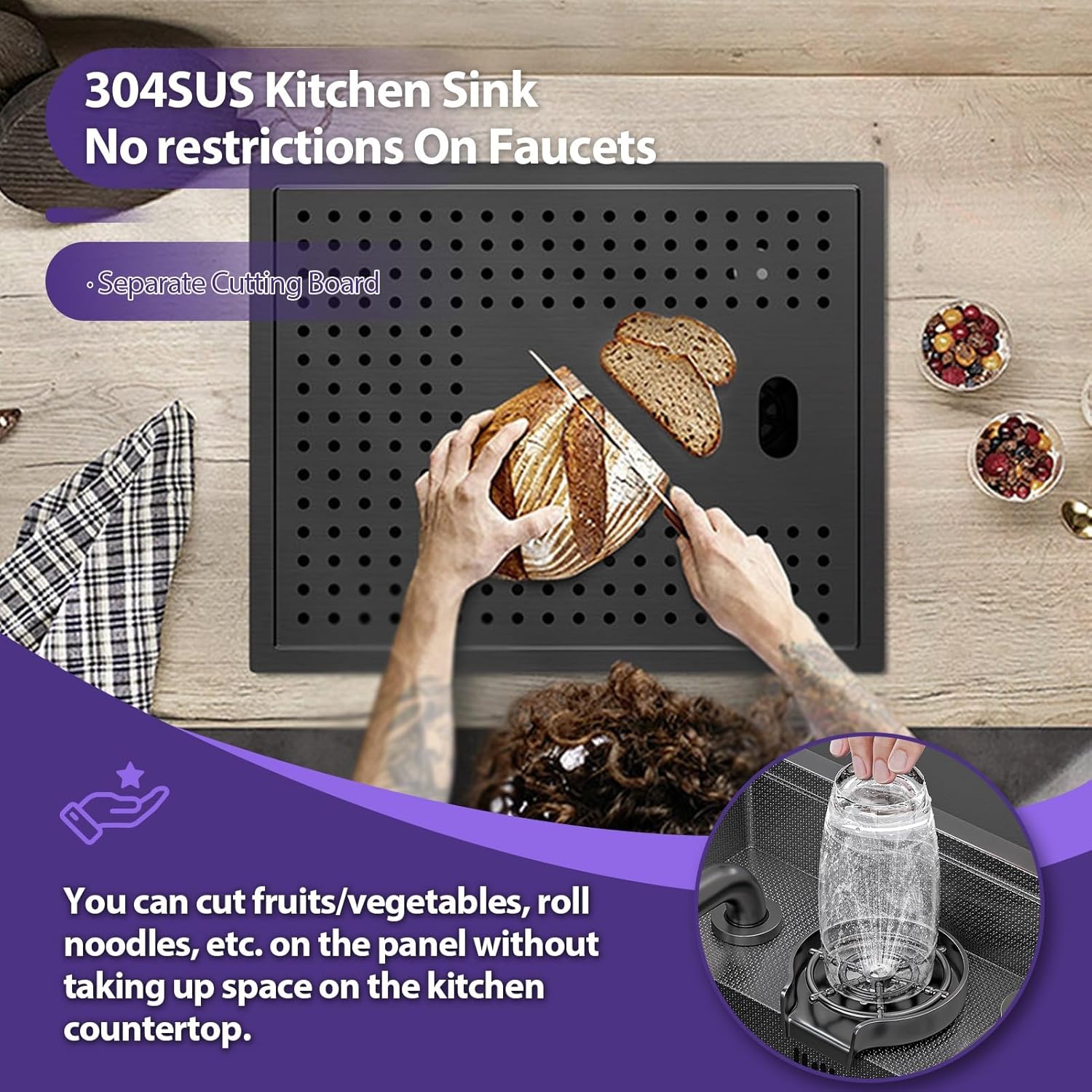 Drop-in Kitchen Sink With Foldable Drainboard Cover, 16 Gauge Stainless Steel Workstation Sink, Built-in Faucet Hole, Multi-Function Prep Sink For Bar, RV(Black-Gray#2,45x36cm)