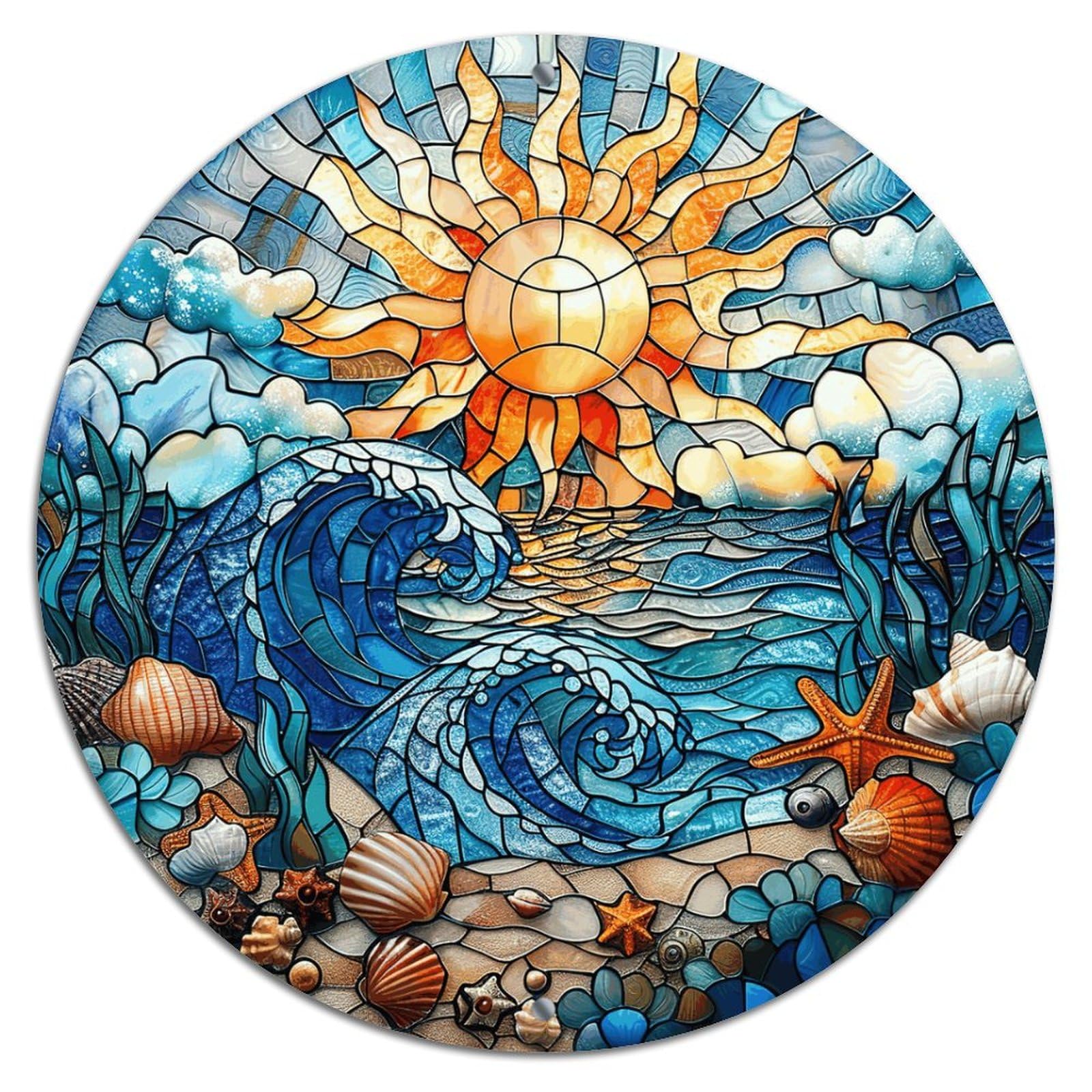 CowkissSign Stained Glass Sign Stained Glass Effections Ocean Wave Metal Wall Decor Beach Surfing Waves Coastal Stained Door Sign Metal Signs for