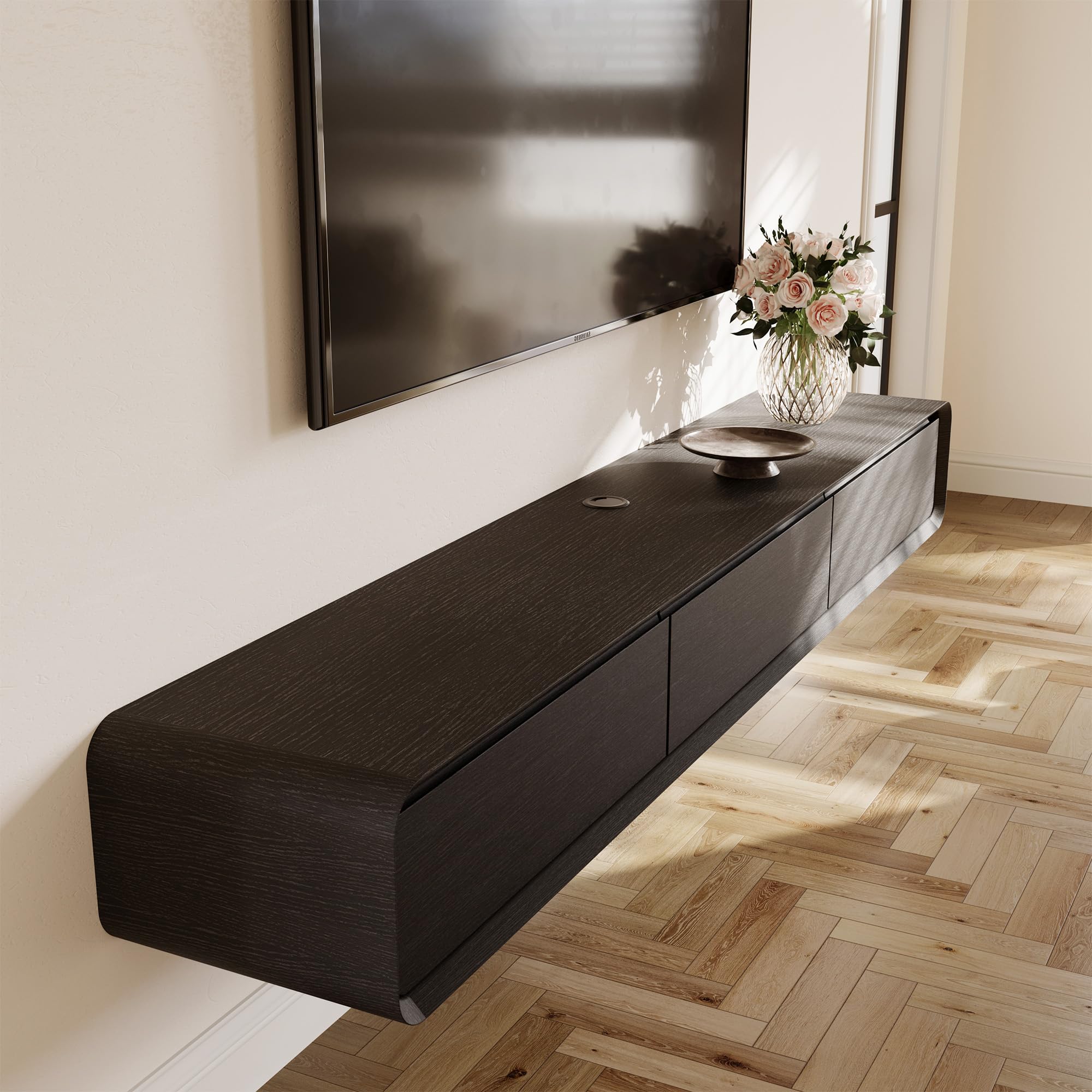 POVISON TV Schrank schwebend 200cm schwarz modern Walnussholz aus Massivholz mit 3 Schubladen, TV Lowboard hängend mit Kabelmanagement hochwertig, Komplettmöbel mit Stauraum für Wohnzimmer Küche, Haushalt & Wohnen