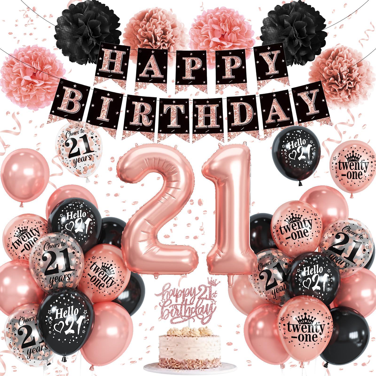 21st Birthday Decorations for Women, Rose Gold Black Confetti Latex Balloons Number 21 Foil Balloon Happy 21st Birthday Banner Cake Topper Paper Pom Poms for Her 21 Year Old Bday Party Decoration