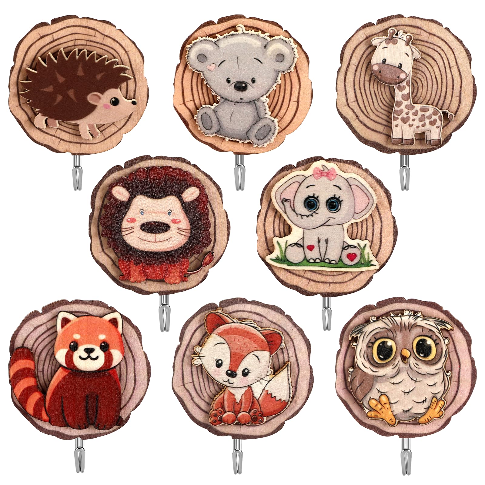 Sprifityy 8 Stück Kleiderhaken Kinder,Selbstklebender Haken aus Holz,Kleiderhaken für Kinder in Tierform, Wandhaken aus Holz, Garderoben Kinderzimmer Deco Geschenk