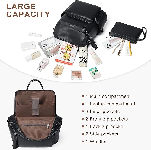 Miniatura 3 de Shrrie Mochila de cuero vegano para computadora portátil para mujer, mochila de trabajo de 15.6 pulgadas, mochila de viaje a la moda para viajes,