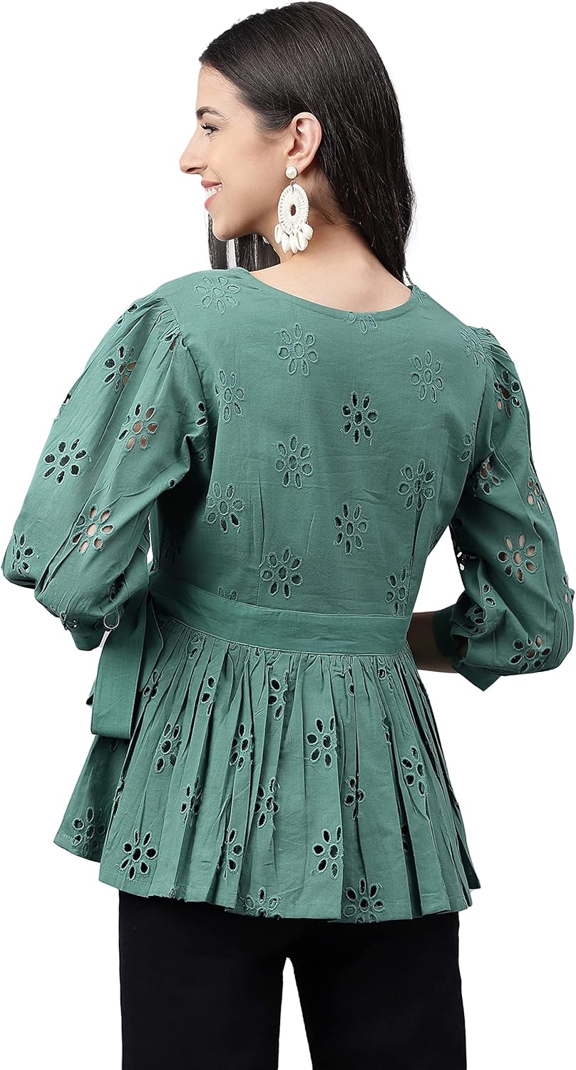 Janasya Women's Cotton Green Schiffli Casual Wear Top for Women - Image 5