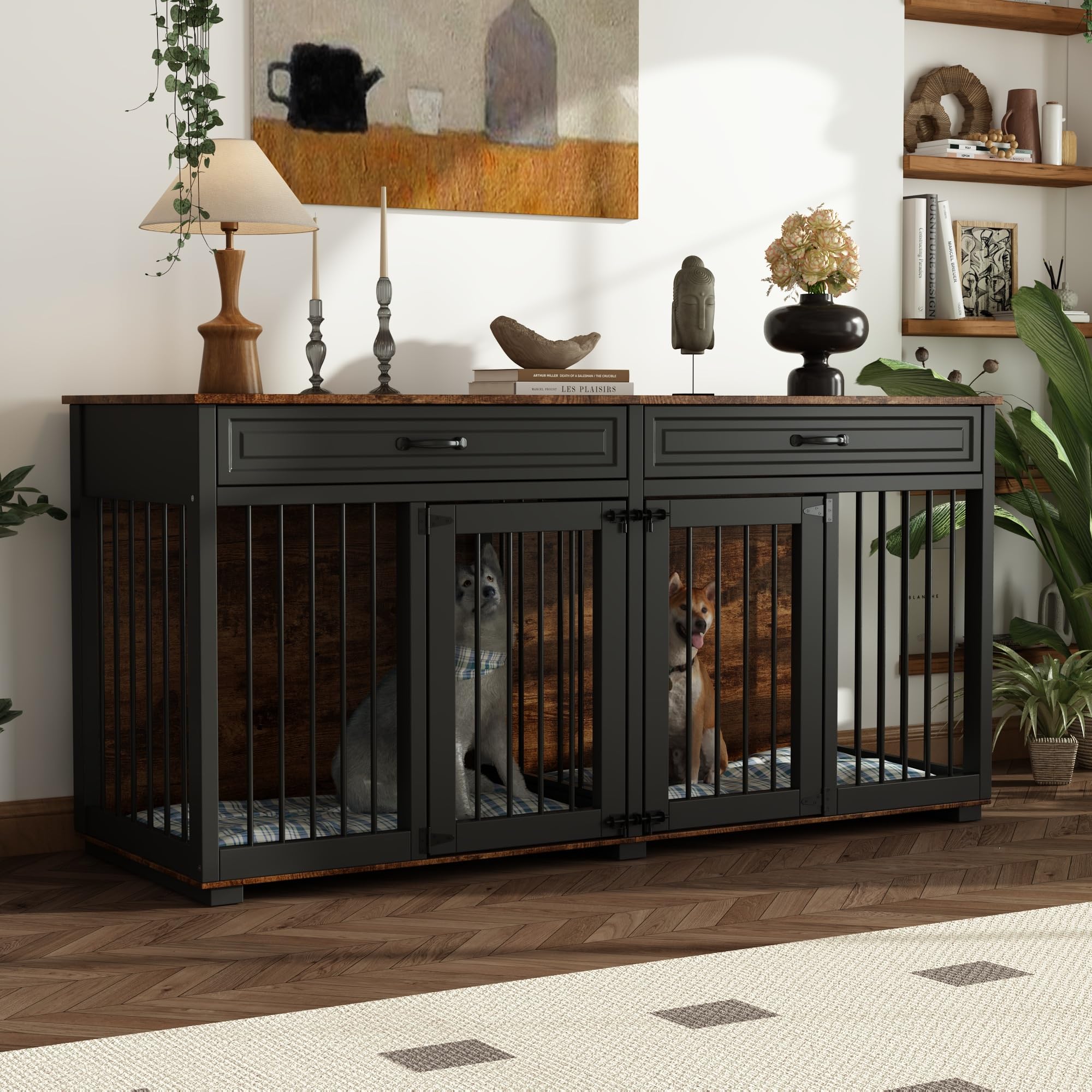 Jaula para perros XXL, jaula para perros con 2 cajones y 2 puertas, caja para perros grandes y medianos, mesa auxiliar, caseta interior, casa para perros para el hogar, negro, 164 x 60 x 80 cm, hierro