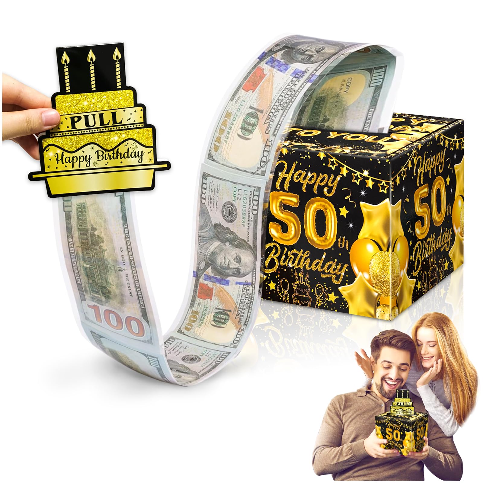 50th Happy Birthday Money Box for Cash Gift Surprise Box Gift Box Pull Cash from Money Case Money Gift Ideas Novelty Money Pulling Box Birthday Presents for Men Women Dad Mom Party Decorations