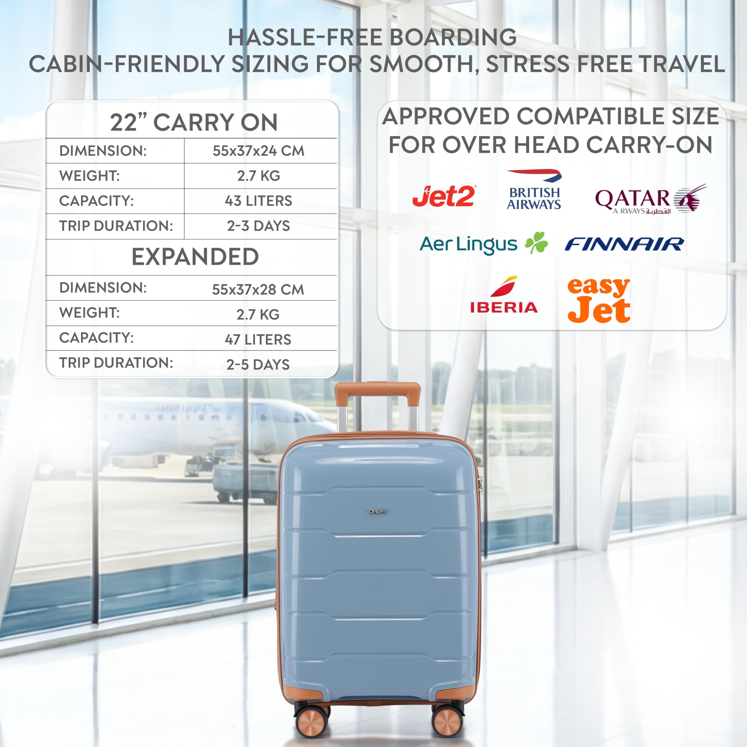 Bagaglio a Mano, Serratura TSA Approvata, Ruote Doppie Spinner Silenziose Espandibile Valigia Leggera – Una volta Espansa 56x45x25 cm, Limite Cabina per easyJet, BA, Jet2 e altre compagnie