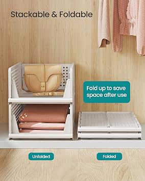 SONGMICS Stackable Wardrobe Storage, Foldable Closet Organiser, Set of 4 Pull-Out Baskets, Closet Storage and Organisation, Bedroom, Office, Bathroom, White LPC400WZ01