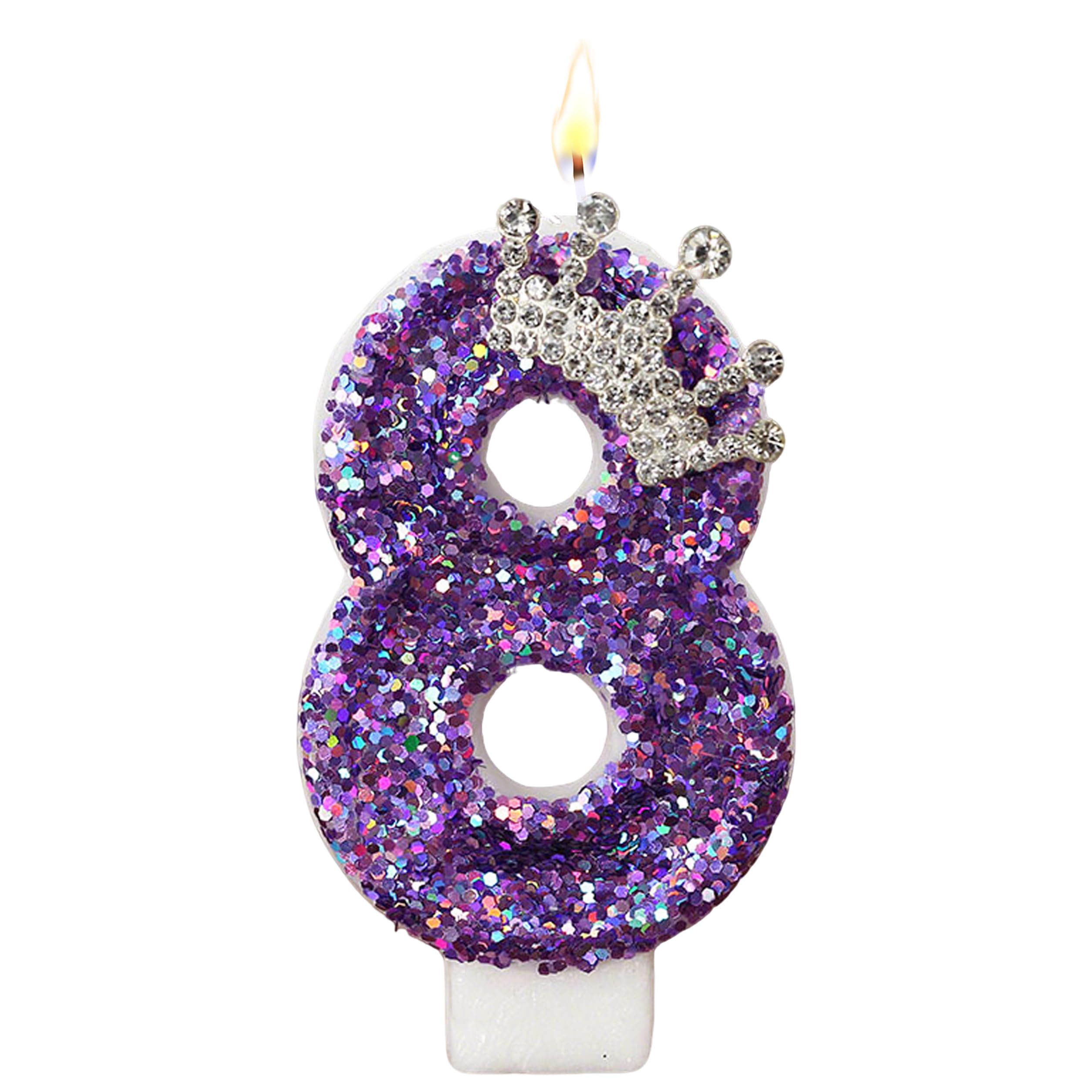 K Pop Number Birthday Candles, Glitter Crown Birthday Candles for Cakes Decoration, Stylish Kpop Music Themed Cake Topper for Girls Birthday Party Supplies & Anniversary (Holo Purple, Number 8)