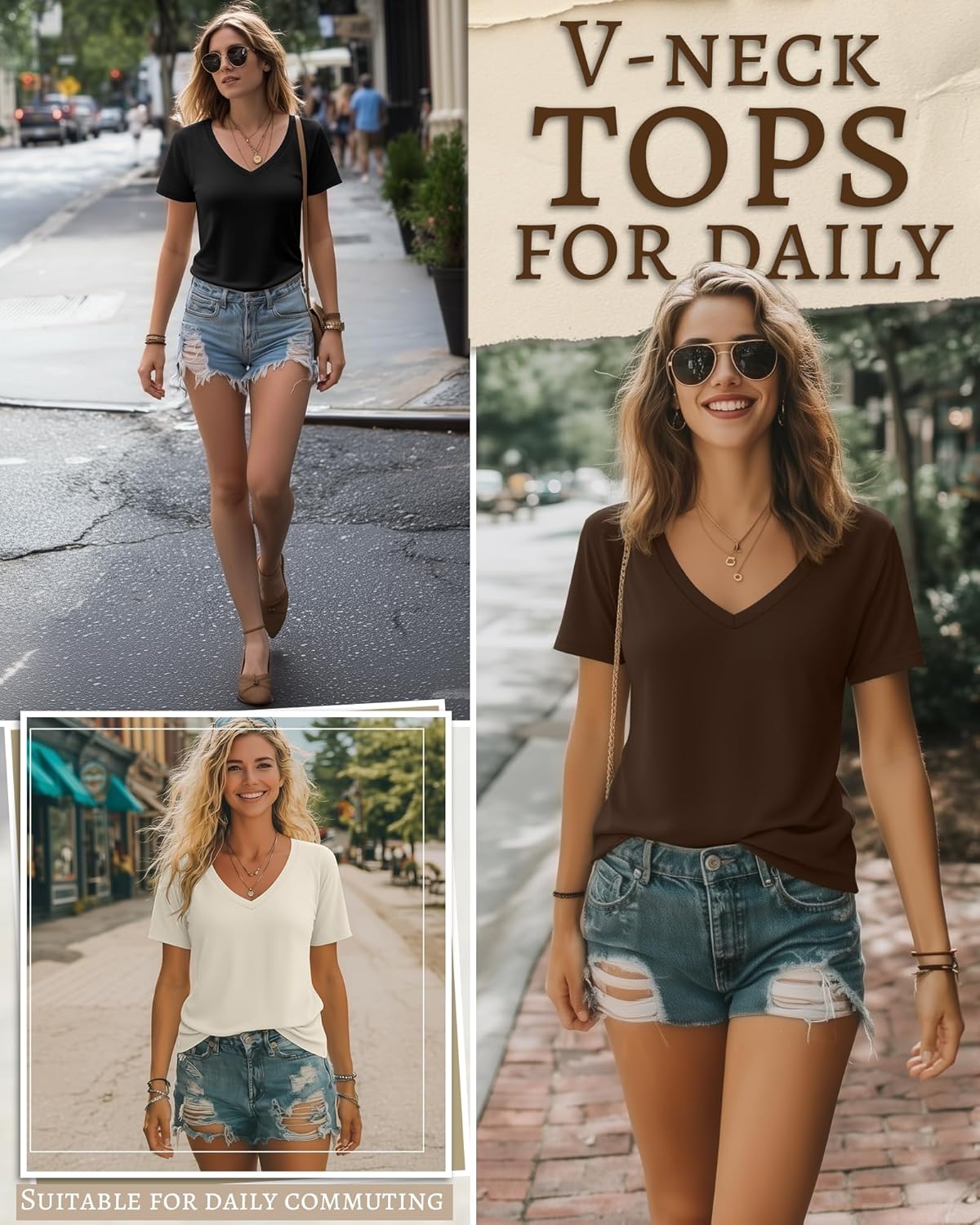 Riyiper 3 Pack Women's V Neck T-Shirts Short Sleeve Loose Fit Tops Casual Basic Trendy Straight Hem Plain Tees - Image 3