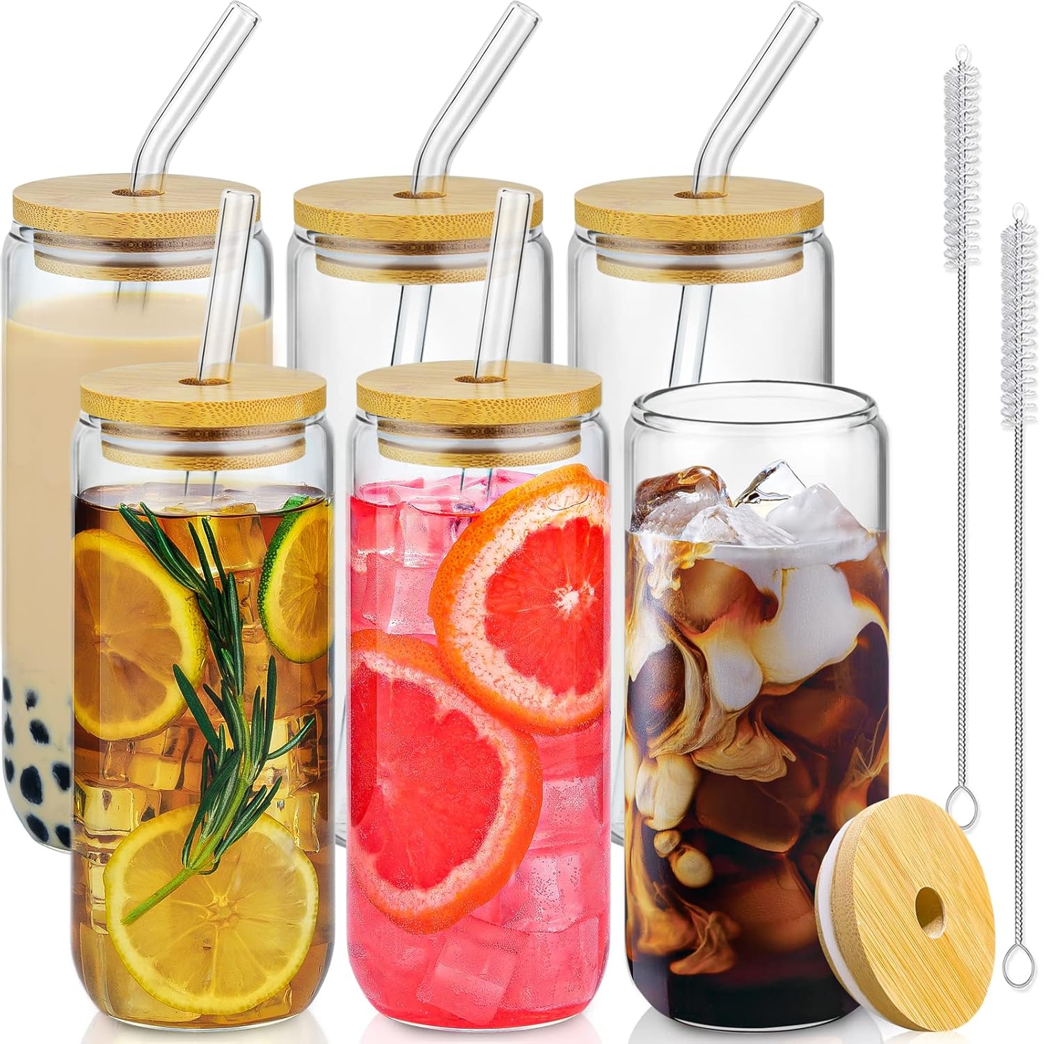 SENTVEND 20 Oz Drinking Glasses with Bamboo Lids and Glass Straw - 6 Pcs Glass Cups Beer Ice