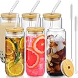 20 Oz Drinking Glasses with Bamboo Lids and Glass Straw - 6 Pcs Glass Cups Beer Ice Coffee Glasses Cute Aesthetic Cup Great for Coffee Bar Accessories Include 2 Cleaning Brushes