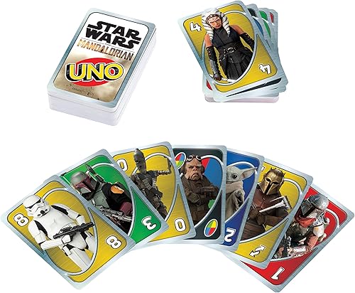 Vista 4 de UNO Star Wars The Mandalorian en lata de almacenamiento, cubierta temática y regla especial, regalo para niños, adultos y noches de juego