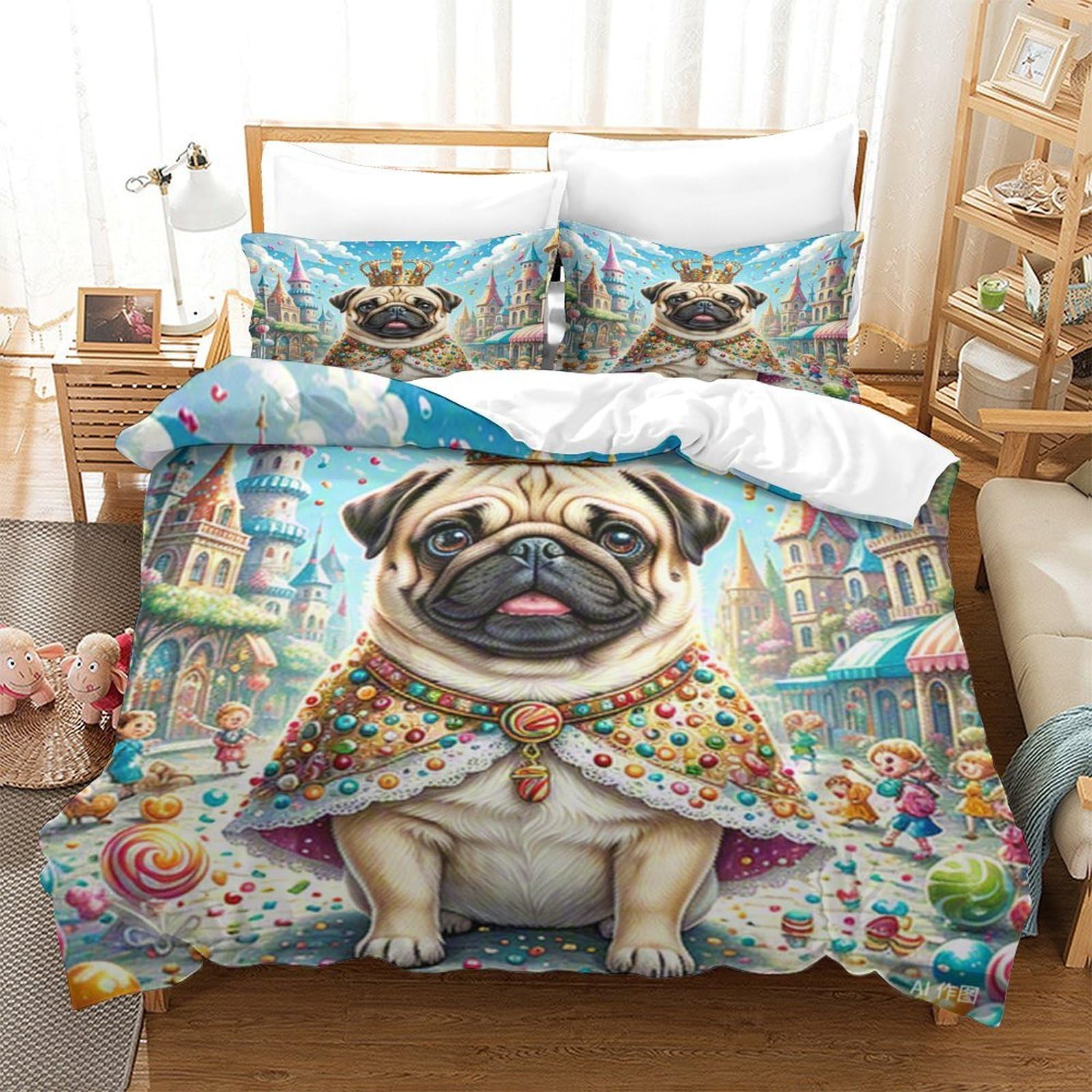 Housse de couette Pug 3D parure de lit cadeau idéal ado et enfant