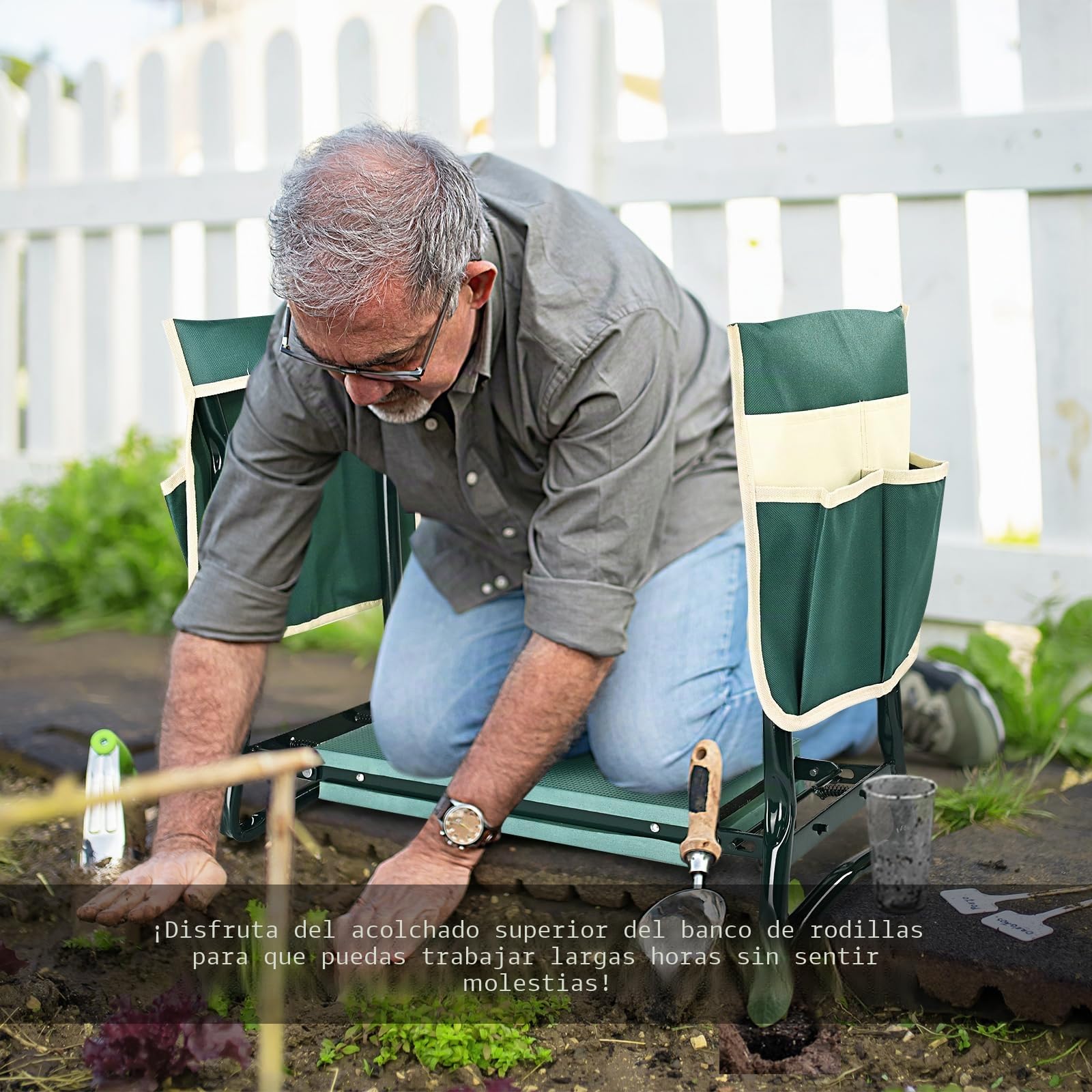 KVR Rodillero y asiento de jardín mejorado con almohadilla gruesa y ancha para rodillas suave, taburete de jardinero plegable resistente con 2 bolsas de herramientas, regalos de jardinería para