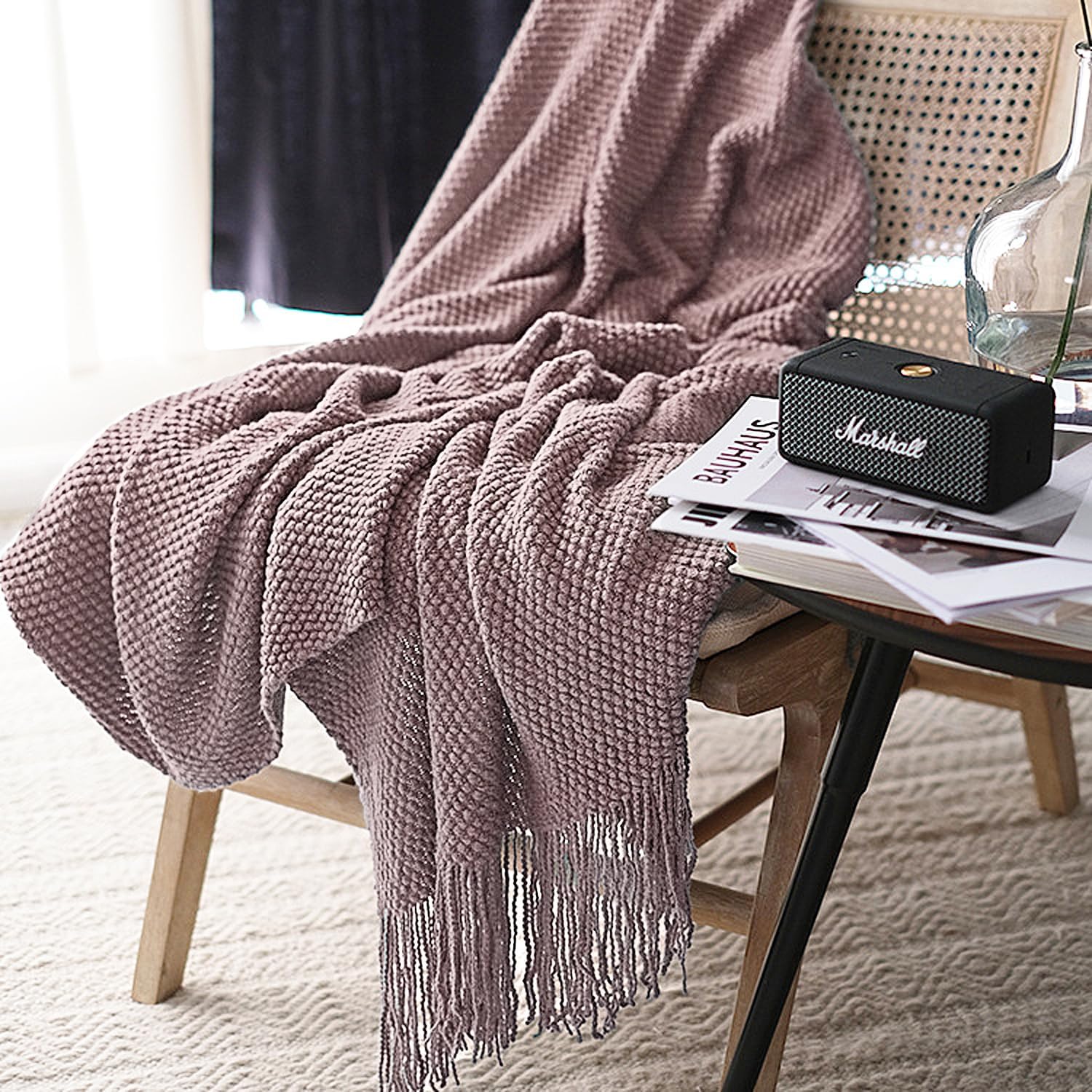 LOMAO Knitted Throw Blanket with Tassels Bubble Textured Lightweight Throws for Couch Cover Home Decor (Brownish Pink, 60x80)