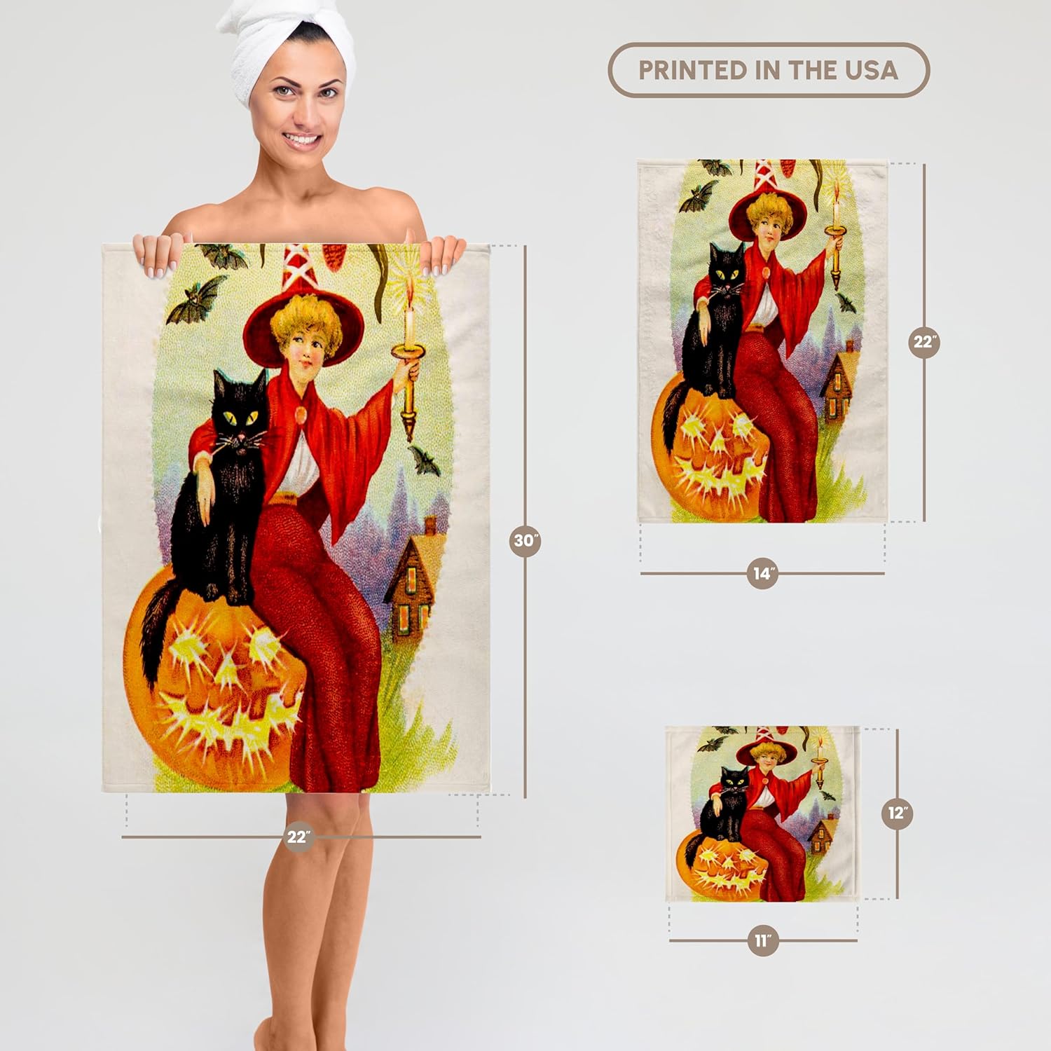 3dRose Vintage Halloween Little Witch and Her Black Cat and Pumpkin 22x30 Bath Hand Pool Towel
