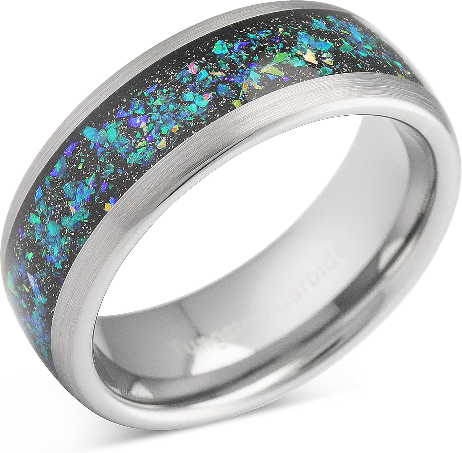 100S JEWELRY Engraved Personalized Opal Inlaid Silver Tungsten Ring for Men Women Wedding Promise Engagement Band Size 6-16