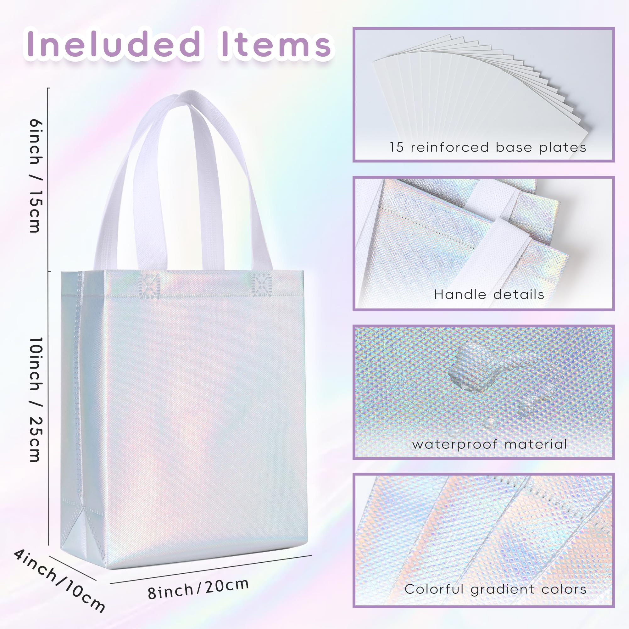 DELICAT 15 Pcs Iridescent Glossy Gift Bags with Handles 8x4x10 Inch，Holographic Reusable Gift Bags Medium Size & Sturdy Base, Holiday Goodie Bag suitable for Birthday，Party Favors，Wedding，Baby Shower
