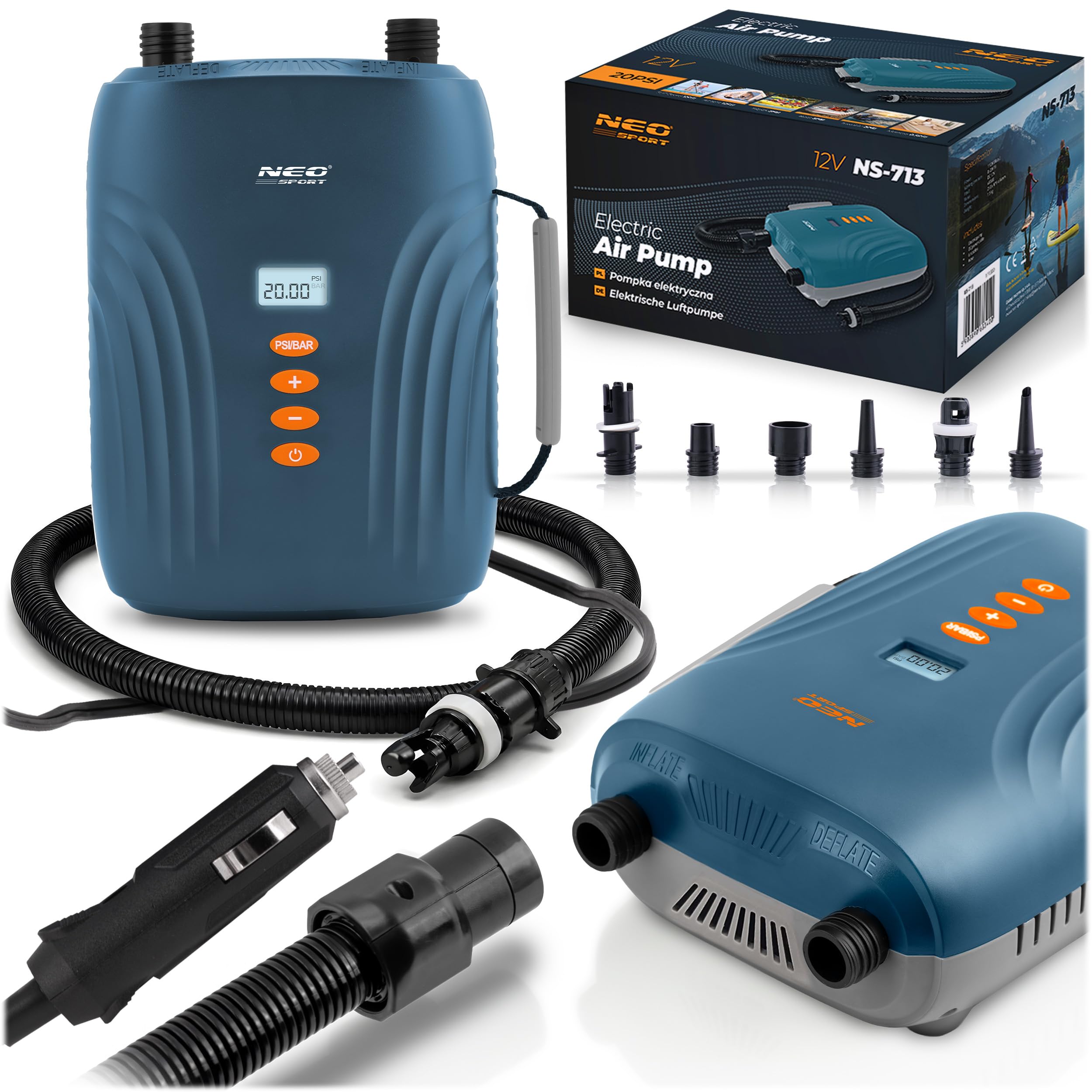 Neo-Sport Pompka Elektryczna do SUP i Materaca Turystycznego 12 V - 20 PSI Double Motor 6 Końcówek - Szybkie Pompowanie i Wypompowywanie Desek SUP Pontonów i Kajaków