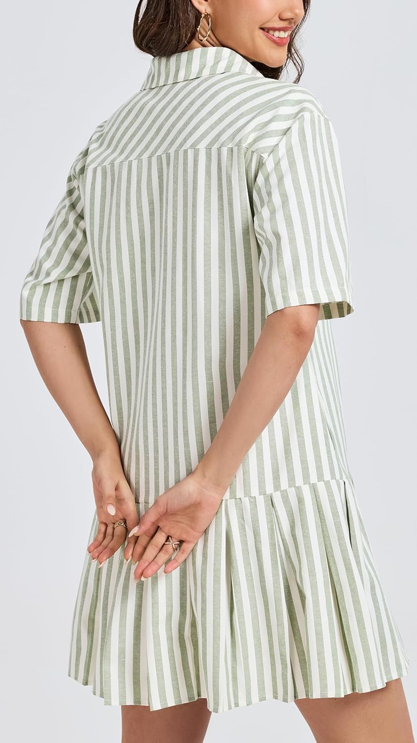 Ladyful Womens Short Sleeve Striped Shirt Dress Button Down Pleated Mini Dress Casual Summer Short Dresses with Pockets