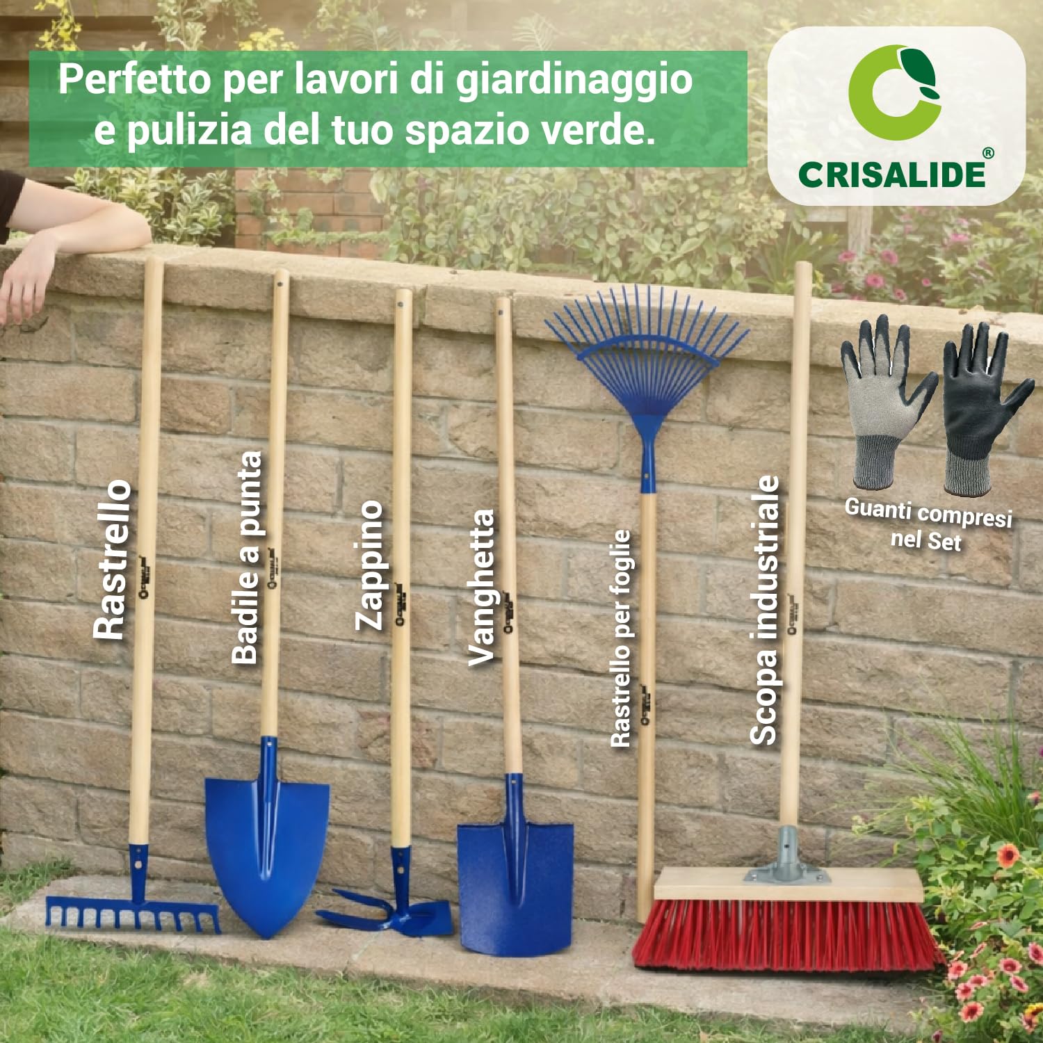 Crisalide® Juego completo de jardinería de 7 piezas – Escoba industrial, guantes, rastrillo hojas, pala, azada, rastrillo de 12 dientes, pala puntiaguda, herramientas resistentes para huerto, jardín