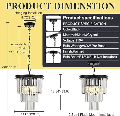 Miniatura 2 de Faibra Lámpara colgante de cristal negro de 11.8 pulgadas, 4 luces de 3 niveles de lujo, lámpara colgante de cristal perfecta para comedor,