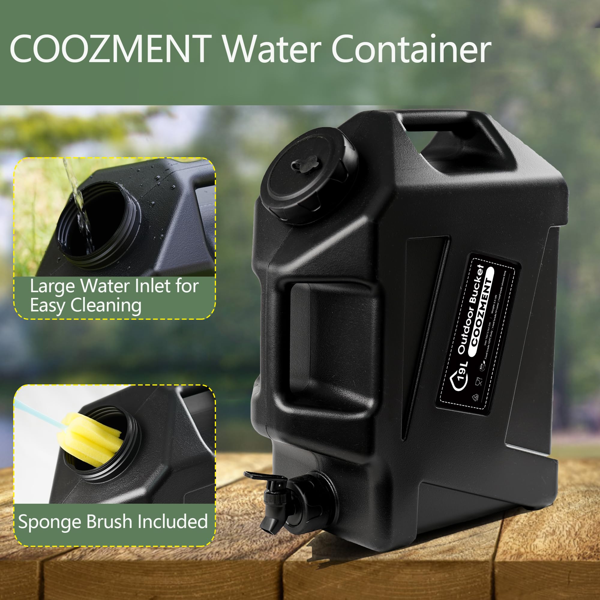 COOZMENT Tragbarer Wasserbehälter mit Zapfhahn, BPA-freier Wasserkrug, schwarzer Wassertank, multifunktionale Wasserspeicherbehälter für Camping, Outdoor, Wandern, Notfallstroage